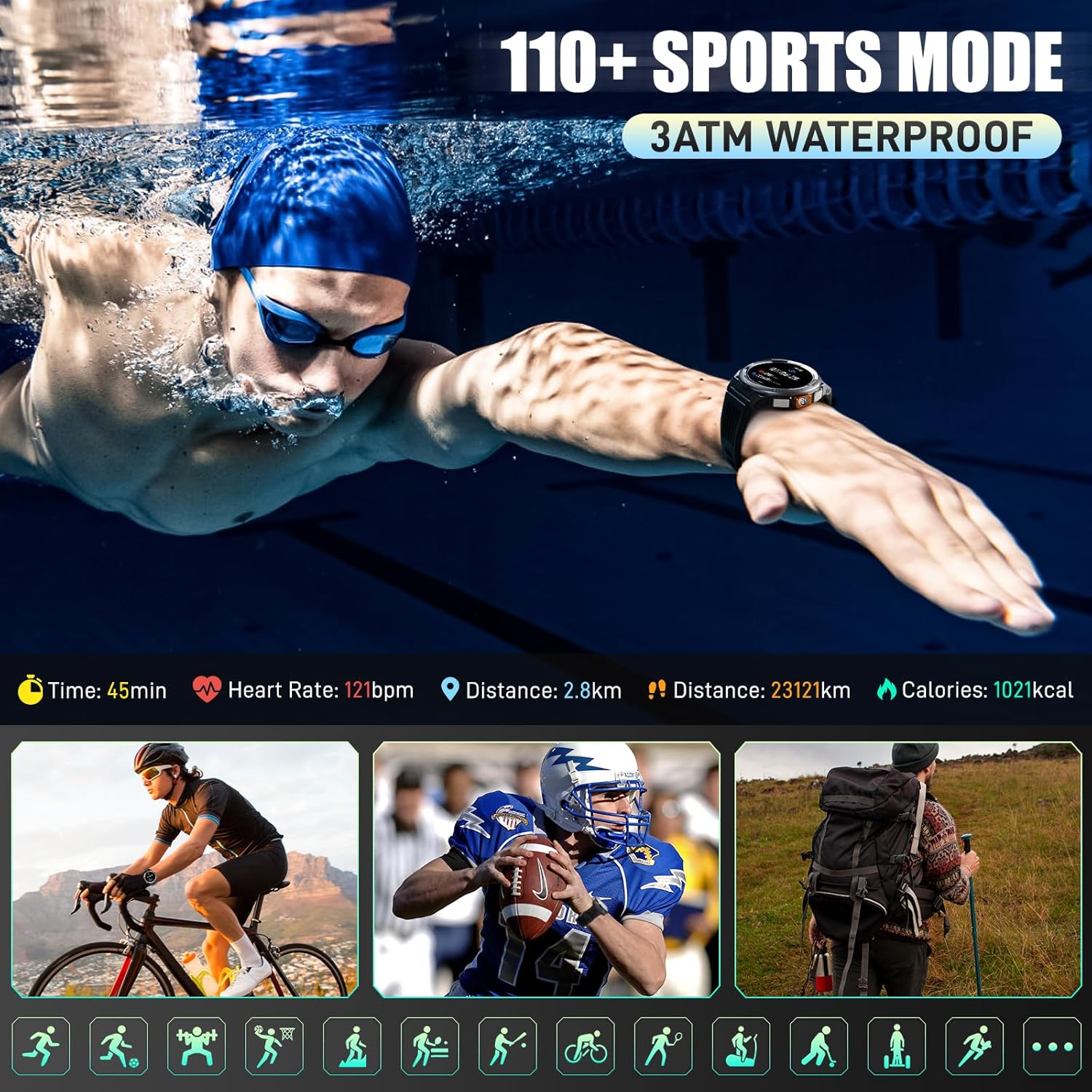Military Smart Watch for Men with Call/LED Flashlight/3ATM Waterproof 1.45" HD Rugged Tactical Smartwatch with Compass Elevation Barometer Fitness Tracker with HR/SPO2/Sleep Monitor for iPhone Android - Image 4