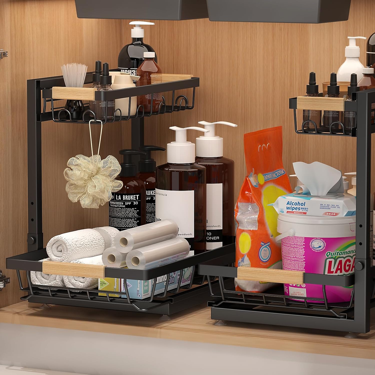 2 Packs Under Sink Organizer, High Adjustable 2 Tier Under Kitchen sink organizer, Multi-Purpose Storage Shelf for Kitchen Bathroom Cabinet, Black - Image 2