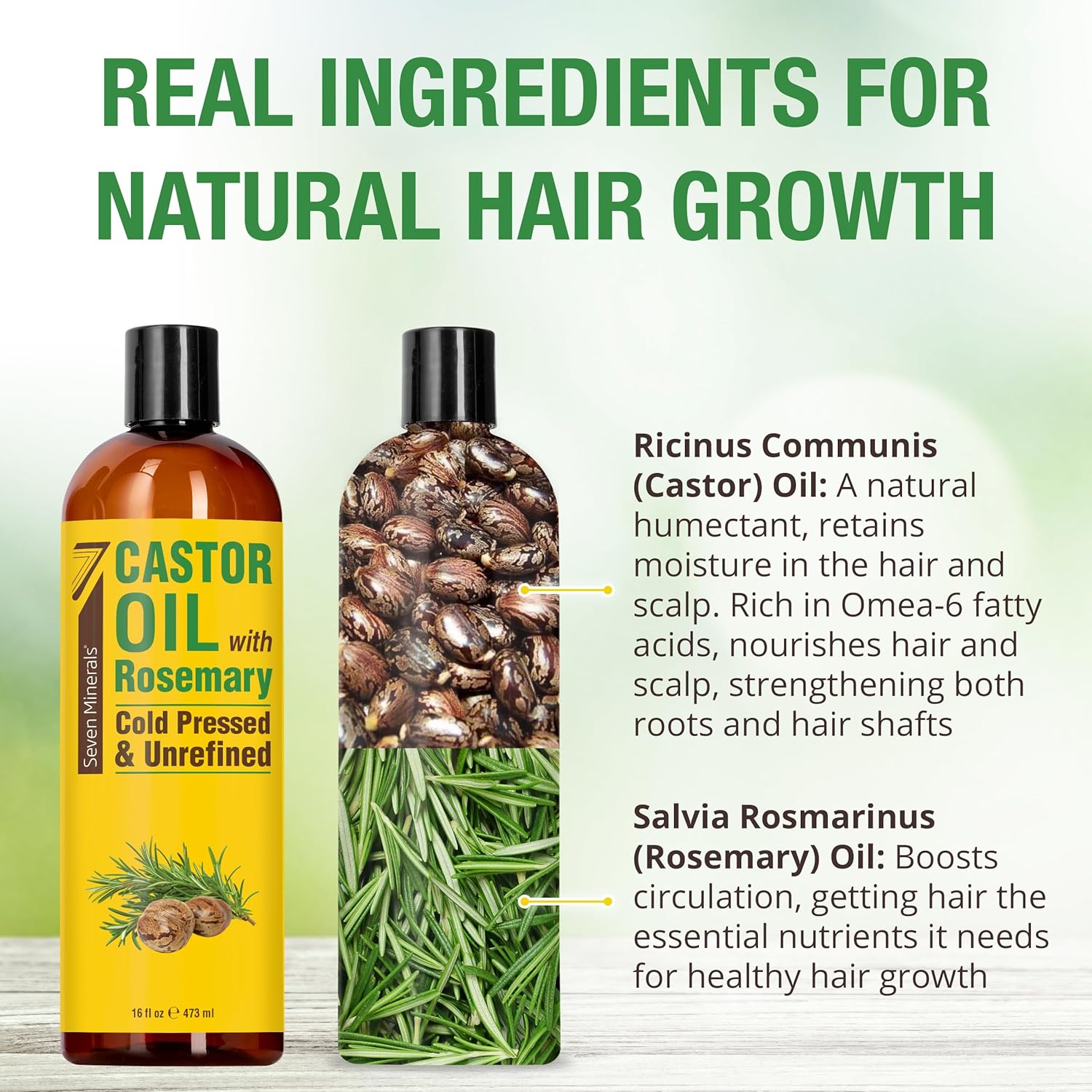 Seven Minerals Cold Pressed Castor Oil with Rosemary - 16 fl oz Bottle - Unrefined & Hexane Free - Hair Growth, Thicker Eyelashes & Eyebrows, Dry Skin Care, Joint and Muscle Pain (Pack of 1) - Image 3