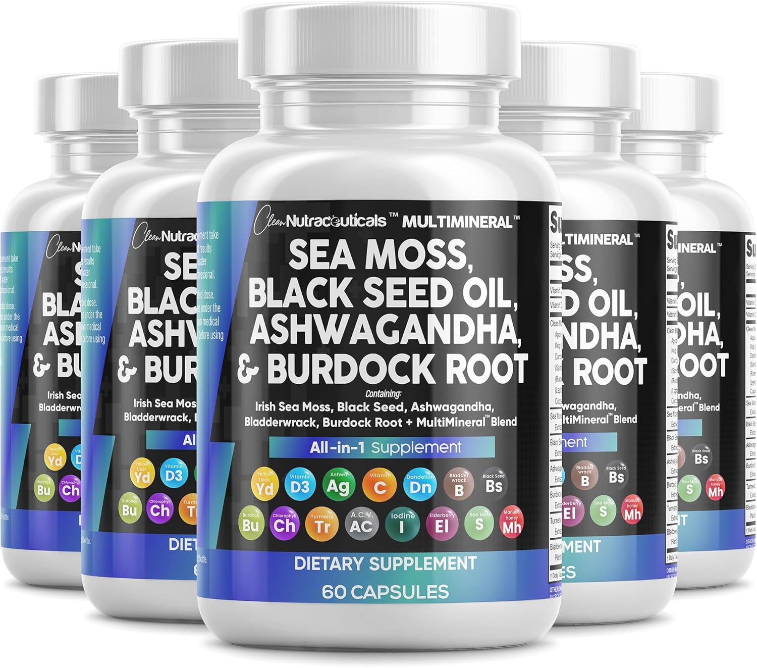 Sea Moss Black Seed Oil Ashwagandha Turmeric Bladderwrack Burdock & Vitamin C Vitamin D3 with Elderberry Manuka Dandelion Yellow Dock Iodine Chlorophyll ACV - 5Pack - Image 2
