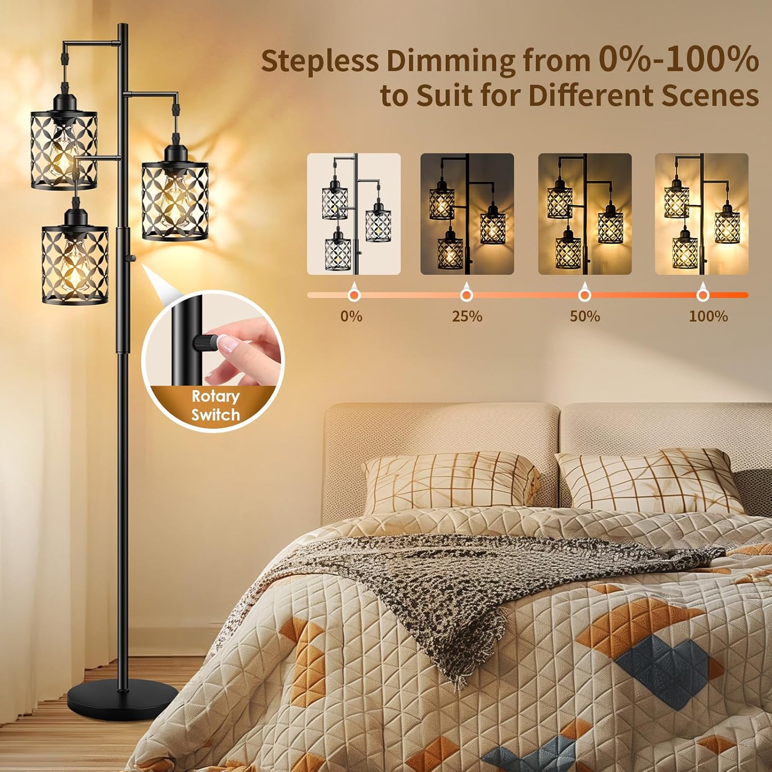 68" Dimmable Floor Lamp, Farmhouse Standing Lamp with Elegant Metal Cage, Industrial Tall Tree Floor Lamps for Living Room, Bedroom, Study Room, Office (2000LM LED Bulbs Included) - Black - Image 4