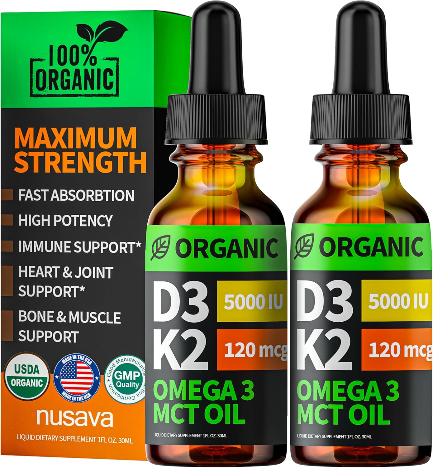 (2 Pack) Organic Vitamin D3 K2 Drops with MCT Oil, Omega 3, 5000 IU - Vitamin D Liquid, No Fillers, Non-GMO D3 for Body’s Defenses and Faster Absorption, Unflavored, 2 Fl Oz - Image 2