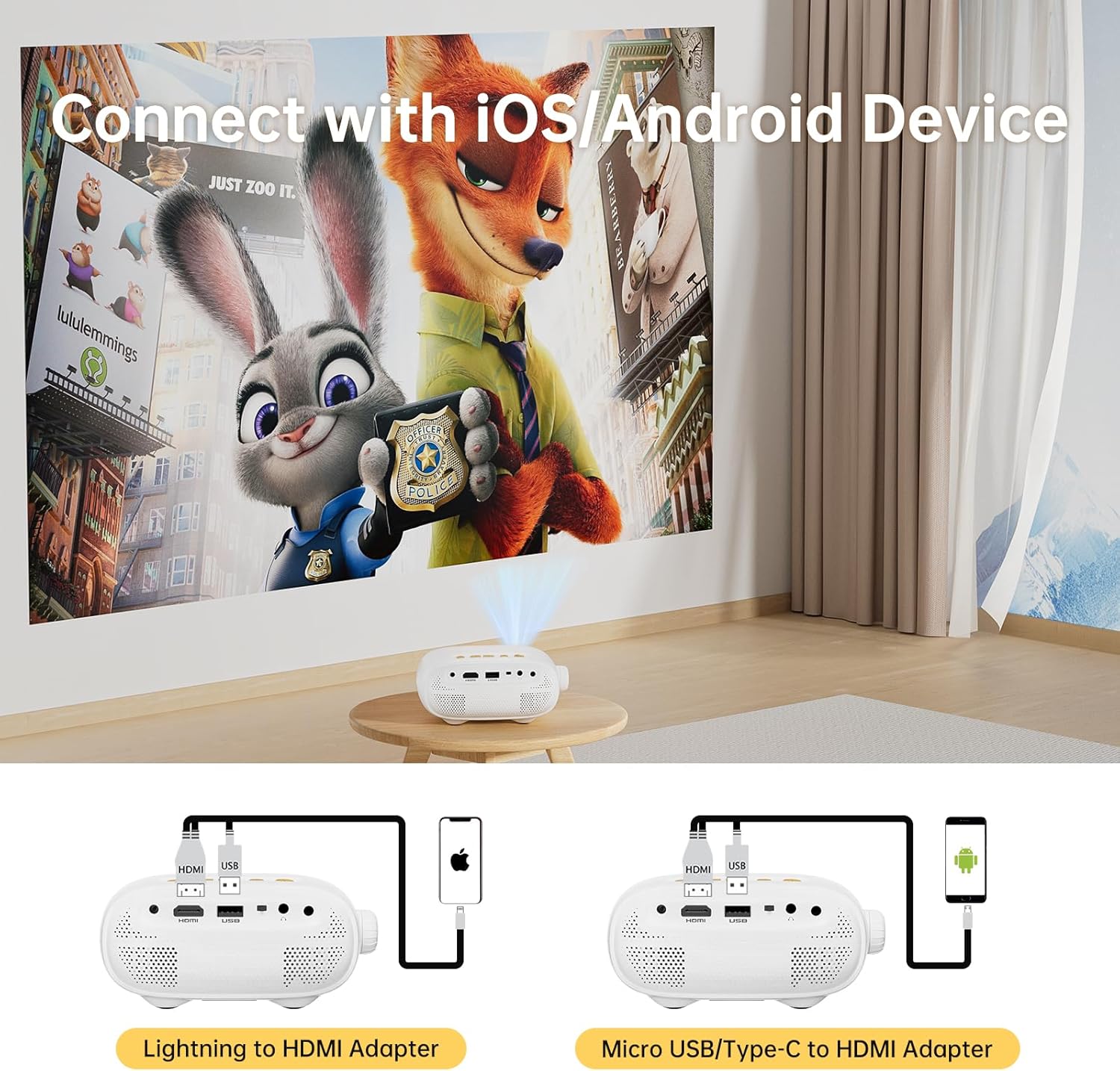 ARTSEA Mini Portable Projector for iPhone - HD 1080P Support Pico Movie Projector to Watch Cartoon, Phone Projector Compatible with HDMI, USB, TV Stick, Laptop, iOS and Android - Image 3