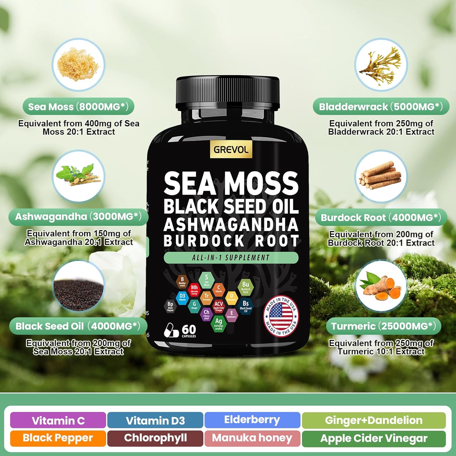 Sea Moss Black Seed Oil Ashwagandha Bladderwrack Burdock Root Turmeric & Vitamin C D3 Elderberry ACV Black Pepper - Multimineral Supplement - 60 Count - Image 4