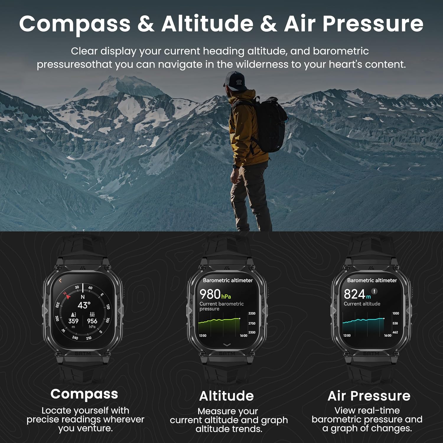 Smart Watch for Men with GPS, 5ATM Waterproof, Ultra-Long Battery Life, Compass, Altitude, Air Pressure, Bluetooth Answer/Make Call, 1.96 inch AMOLED Always-on Display - Image 9