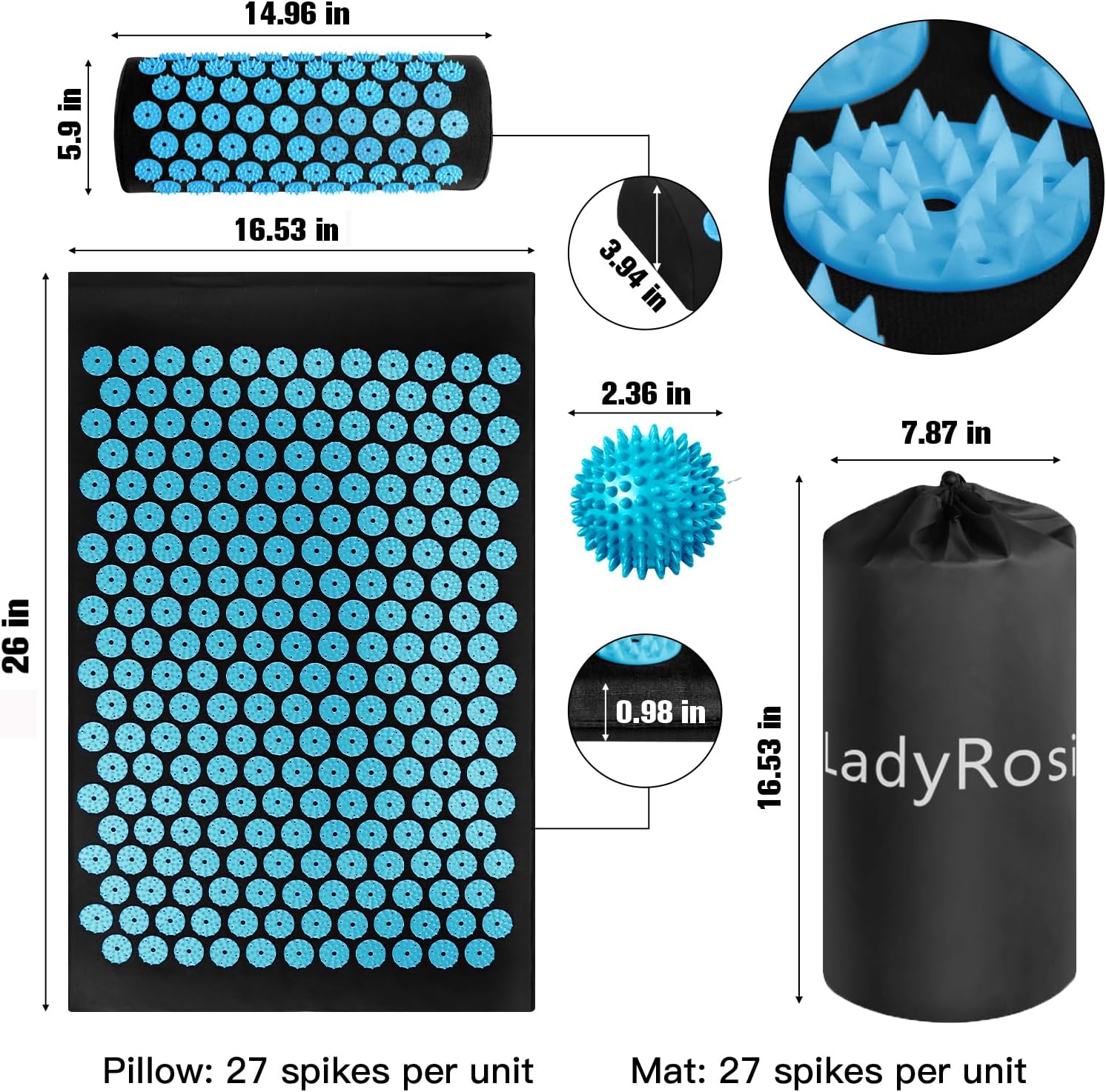 LadyRosian Acupressure Mat and Pillow Set with Oxford Bag, for Neck Back Pain, Muscle Relaxation Stress Relief, Relieve Sciatica and Pain Relief Set (Blue) - Image 3