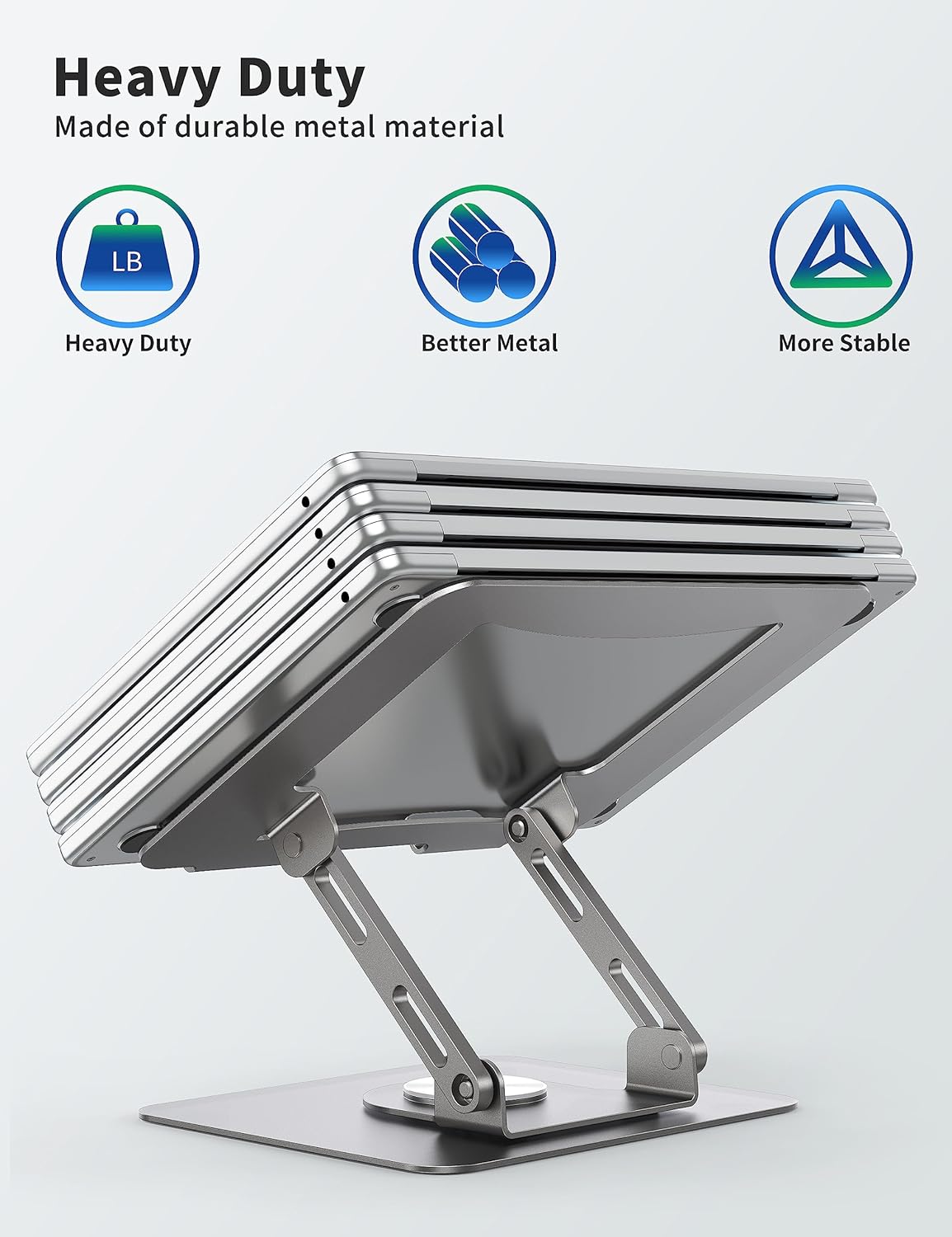 SOUNDANCE Laptop Stand with 360° Rotating Base, Ergonomic Computer Riser for Desk, Adjutable Height Muti-Angle, Foldable Laptop Mount, Stable Metal Holder Support 10-15.6" Notebook PC, Silver Grey - Image 6