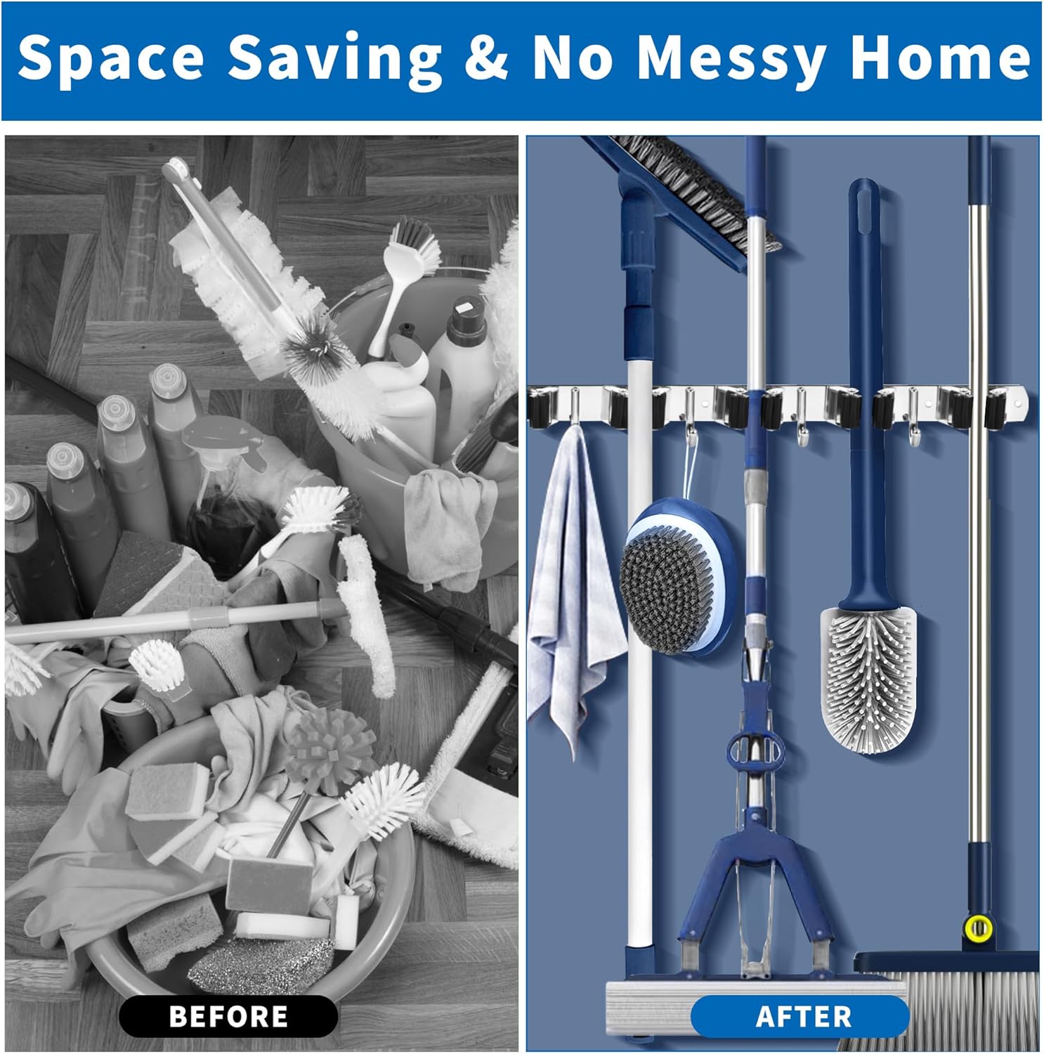 2 Packs Mop Broom Holder Wall Mount, Broom Organizer Storage Tool Wall Hanging, Garden Tool Rack Organizer for Closet Garage Laundry Room Kitchen Decor With 5 Slots & 4 Hooks - Image 3