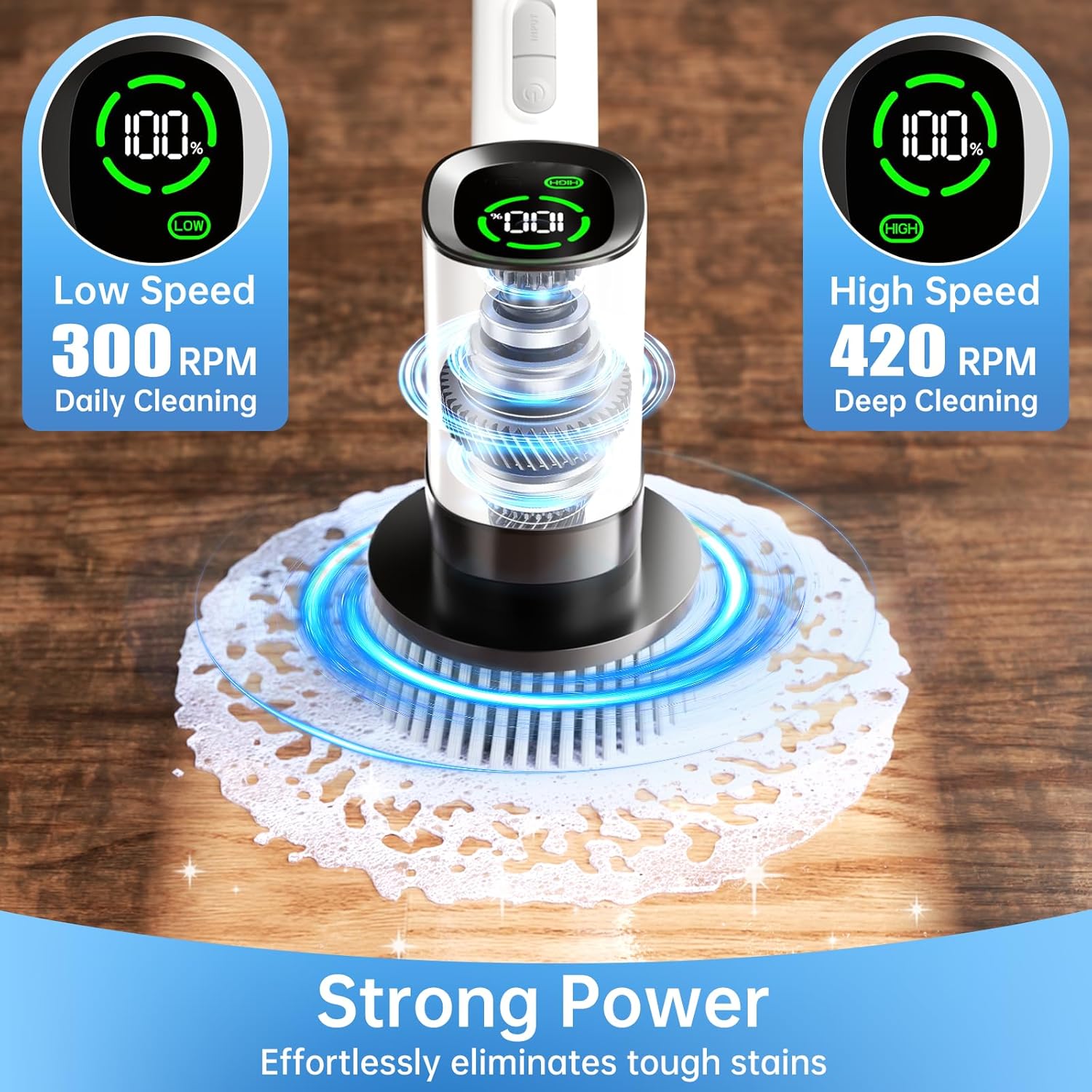Electric Spin Scrubber, IPX7 Waterproof Cordless Power Shower Scrubber with Extension Handle, 7 Replaceable Brush Head&3 Bristle Crevice Brushes, 2 Speeds Power Scrubber for Bathroom, Kitchen Cleaning - Image 4