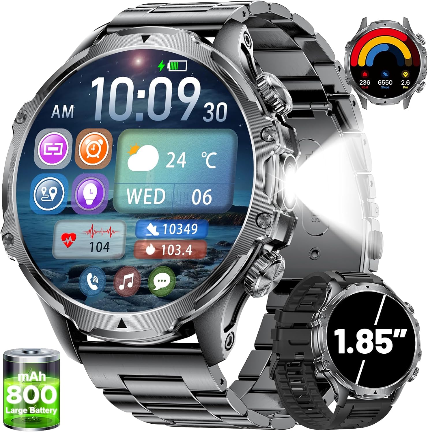 Military Smart Watch for Men,1.85" HD/800mAh Battery Smart Watches with LED Flashlight for Android iOS (Bluetooth Call Answer/Calls)Fitness Tracker with Heart Rate/Sleep Tracking/Blood Oxygen Black - Image 2