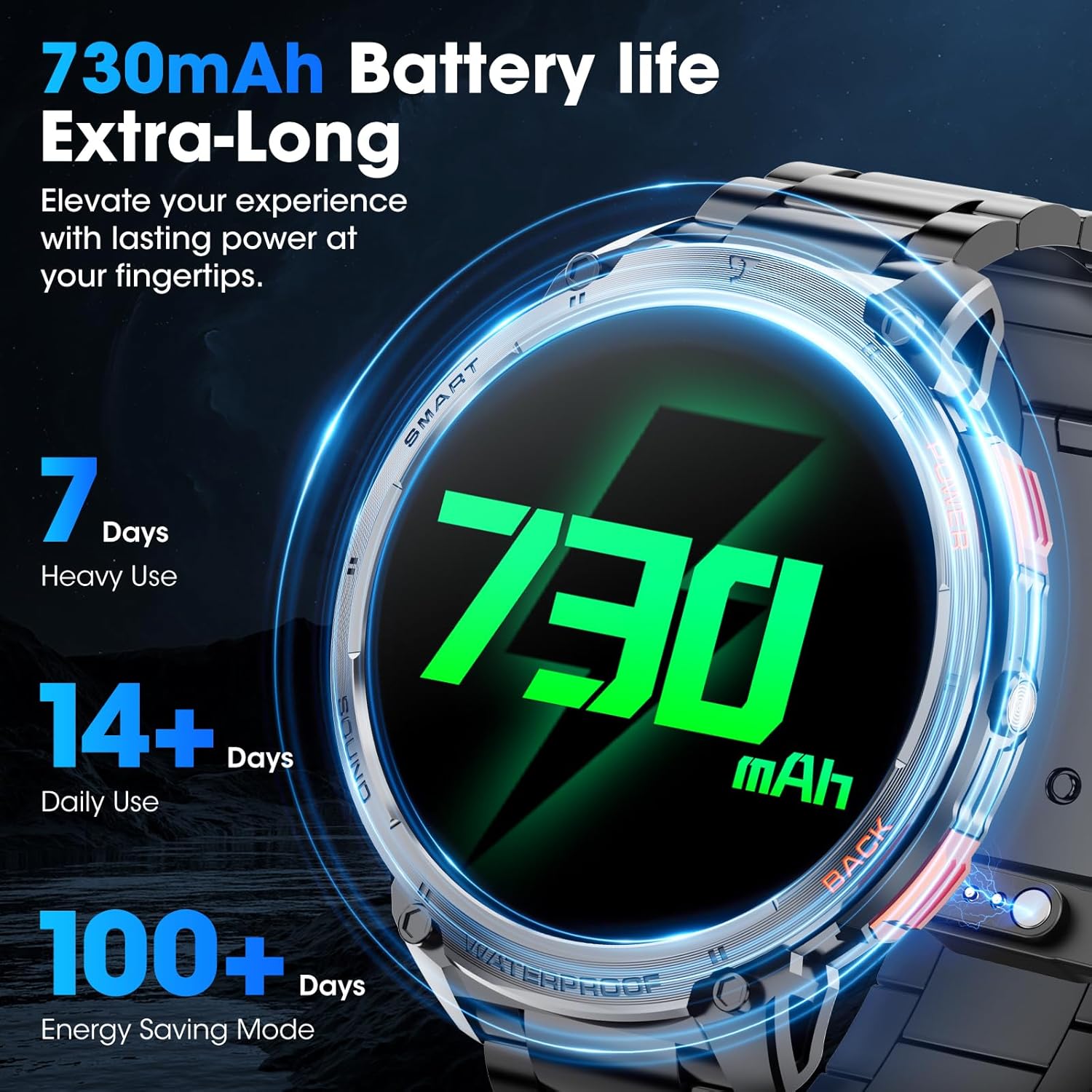Military Smart Watch for Men 1.85" HD 730mAh Battery Smart Watches with LED Flashlight for Android iOS (Bluetooth Call Answer/Dial Calls) Fitness Tracker with Heart Rate Blood Black Steel Strip - Image 4