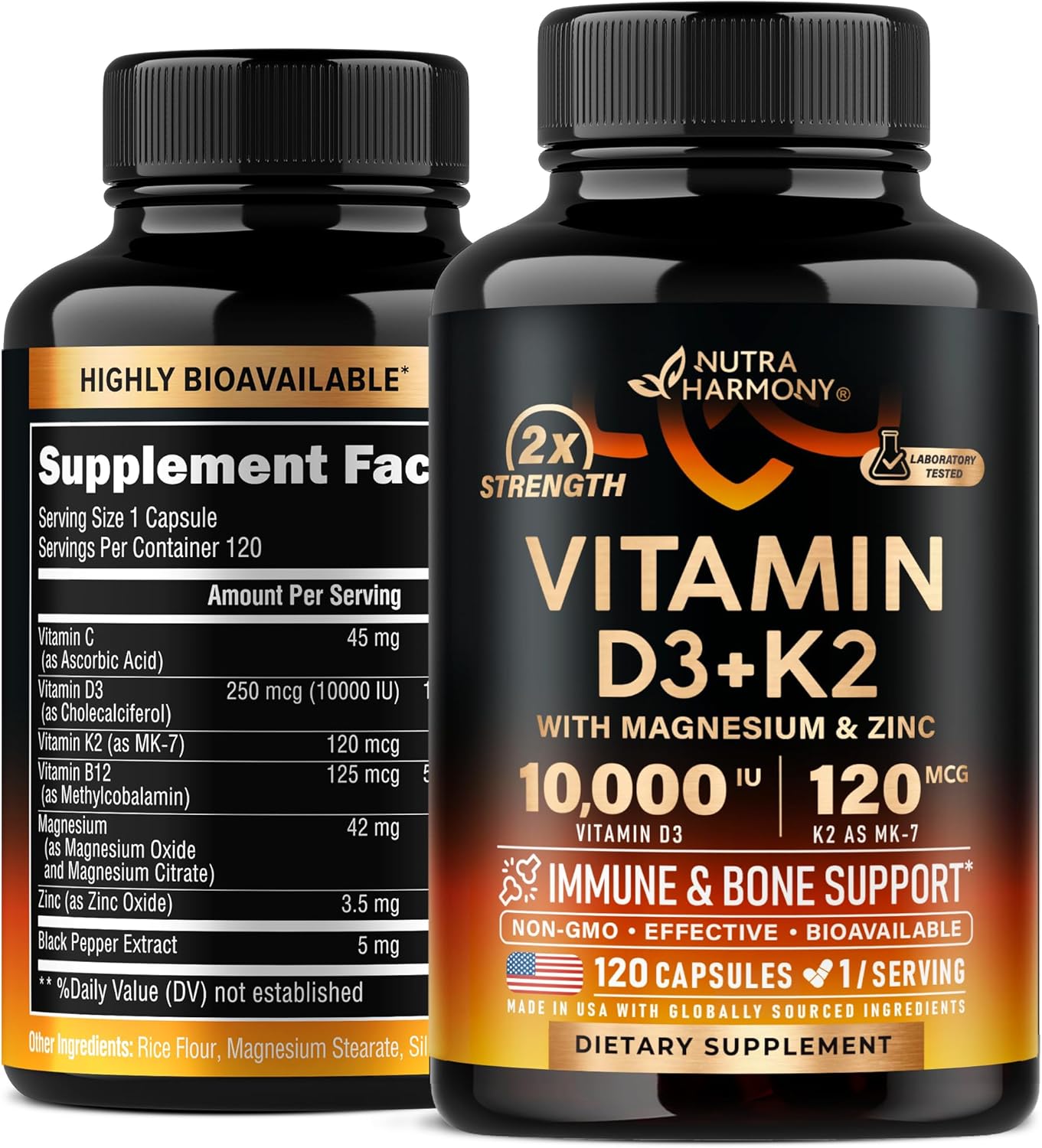 Vitamin D3 K2 - Vitamin D3 10000 iu & K2 as MK-7 120 mcg - Immune & Mood Support, for Bone & Teeth Health - with Magnesium, Zinc & Vitamin C & B12 - Highly Bioavailable - Made in USA, 120 Capsules - Image 2