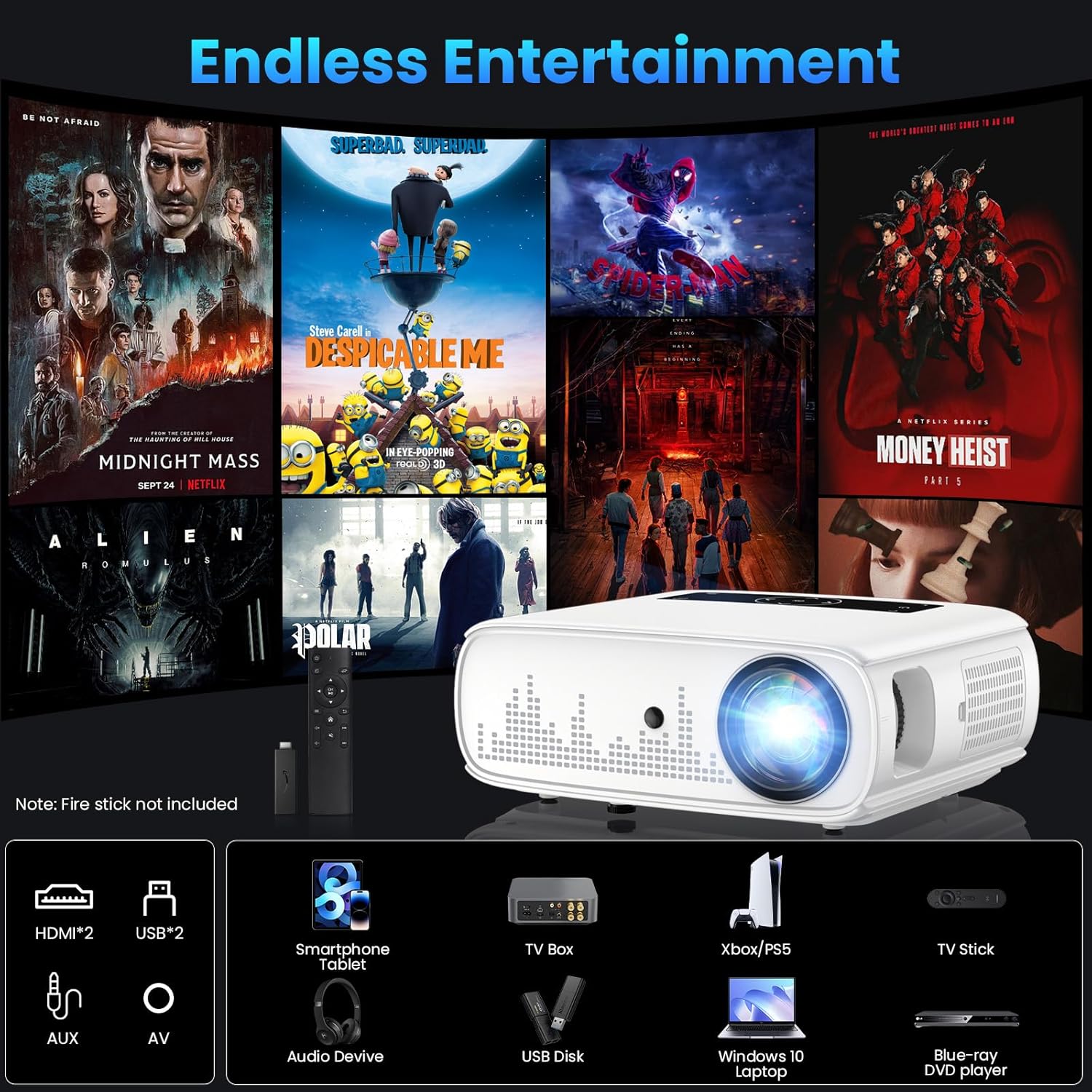 GROVIEW Projector, 15000lux 490ANSI Native 1080P WiFi Bluetooth Projector, 300'' Video Projector, Supports 4K & Zoom, 5G Sync, Compatible with HDMI USB/ AV/ Smartphone/ Pad/ Laptop/ DVD/ TV Stick/ PS5 - Image 8