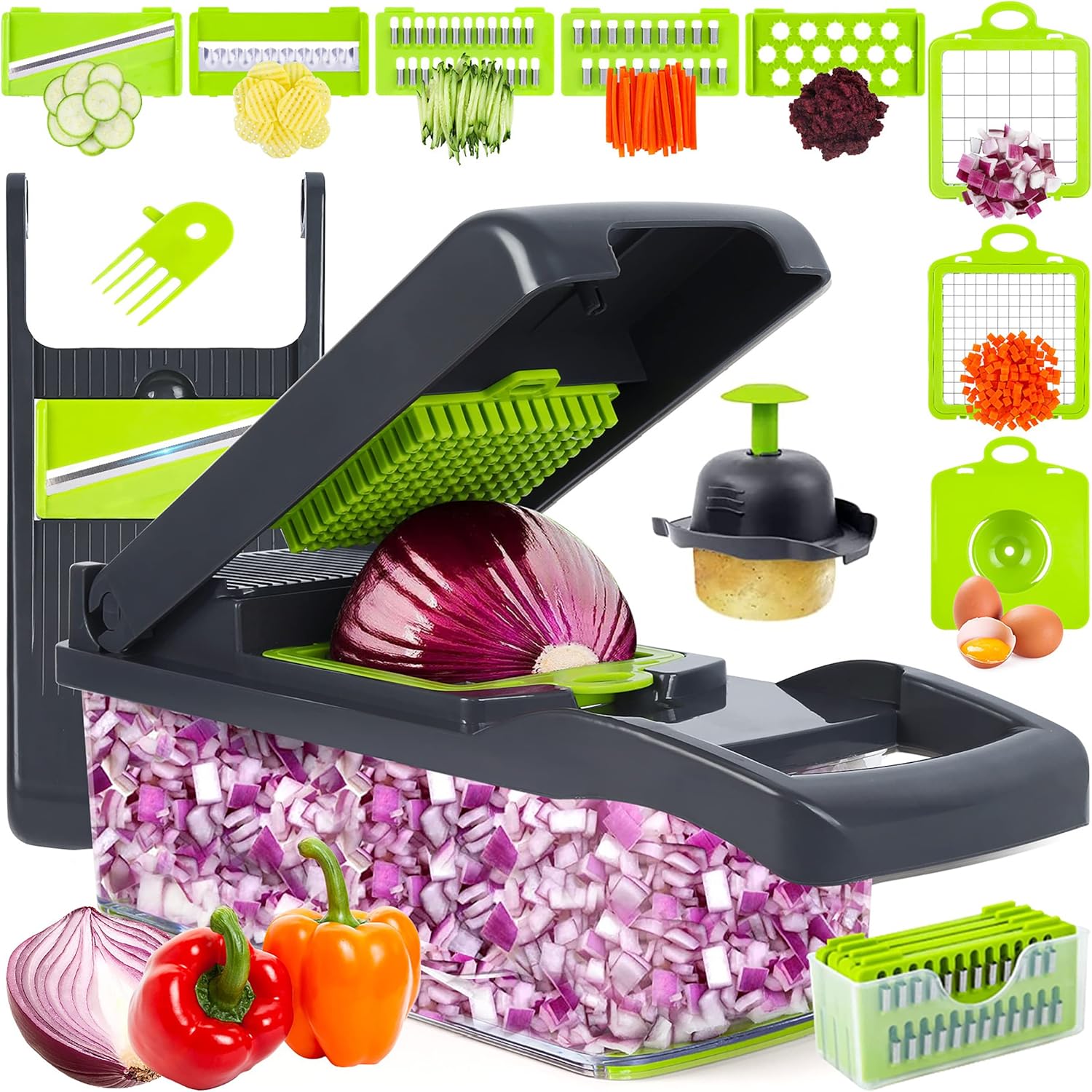 Vegetable Chopper Mandoline Slicer,Veggie Chopper, Multifunctional 10 in 1 Food Choppers, Kitchen Vegetable Slicer Dicer Cutter,Onion Mincer,Cheese Grater,Colander Basket,Kitchen Gadgets (Gray/Green) - Image 2