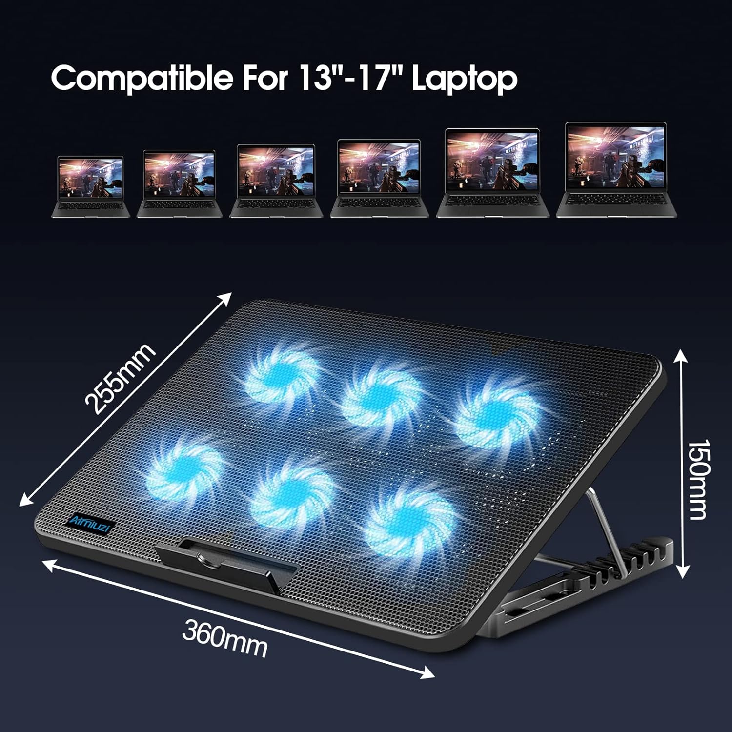 Laptop Cooling Pad, Gaming Laptop Cooler with 6 Quiet Fans, Laptop Fan Cooling Pad Fits 12-17 Inch Laptop, USB Port Powered, 7 Adjustable Height - Image 9
