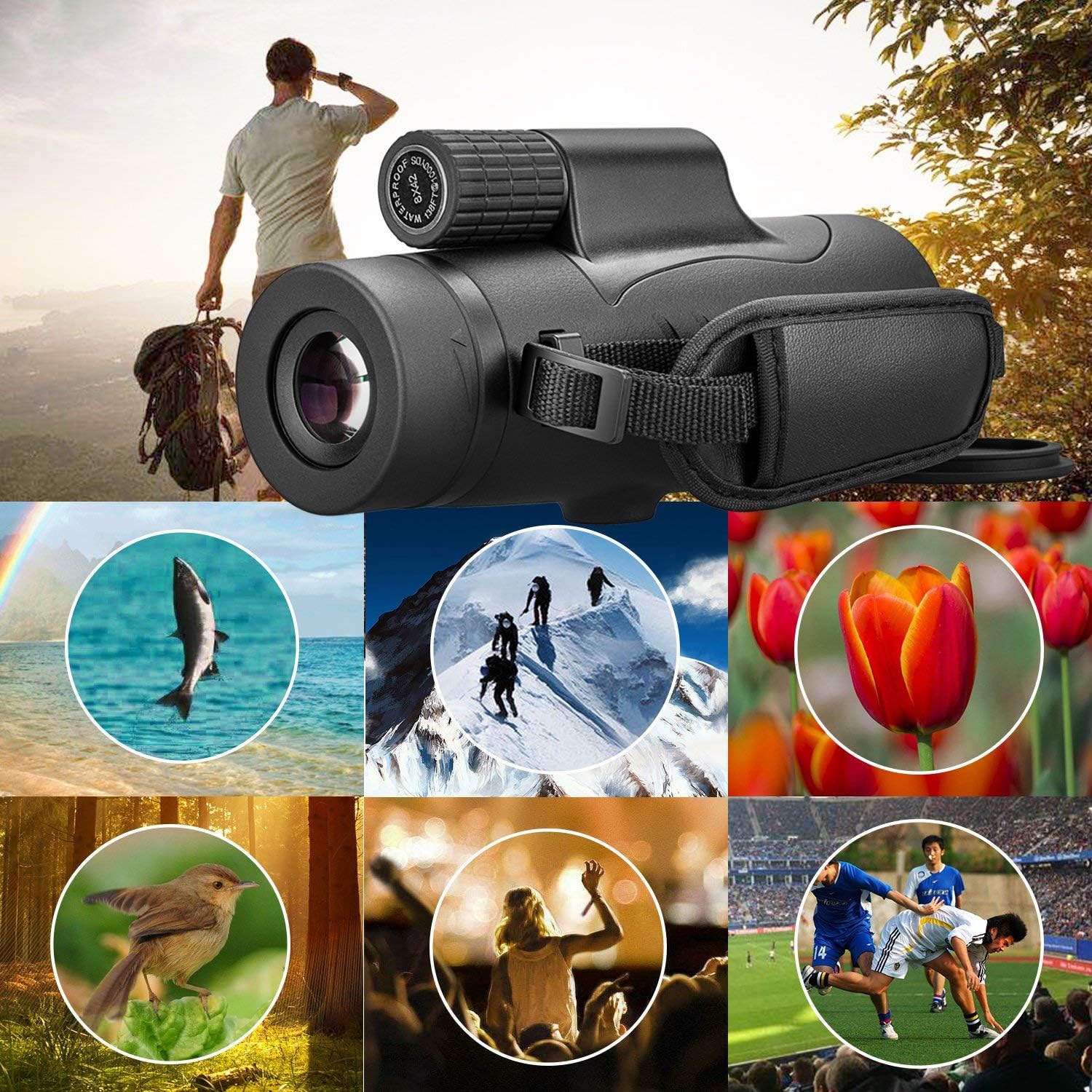 Monocular Telescope High Power 8x42 Monoculars Scope Compact Waterproof Fogproof Shockproof with Hand Strap for Adults Kids Bird Watching Hunting Camping Hiking Travling Wildlife Secenery - Image 4