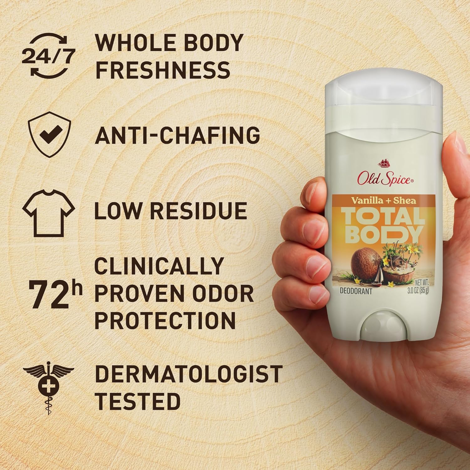 Old Spice Whole Body Deodorant for Men, Total Body Deodorant, Vanilla + Shea, Aluminum Free Deodorant Stick for 24/7 Freshness // Dermatologist Tested Whole Body Deodorant, 3.0 oz - Image 4