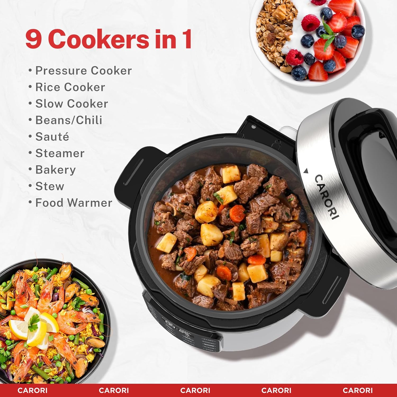 9-in-1 Electric Pressure Cooker 6 Qt, Programmable Multi-Function Cooker with Safer Vent, Olla de Presion, Rice Cooker, Slow Cooker, Steamer, Sauté, Warmer & Sterilizer, 1000W, Stainless Steel - Image 3