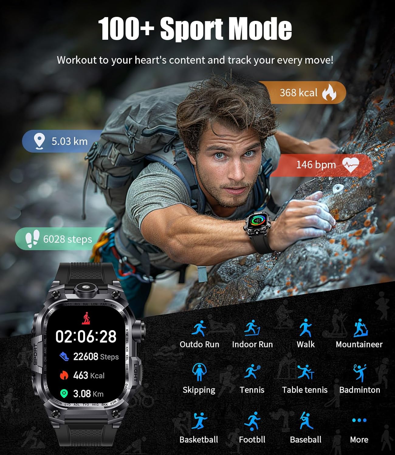 LIGE Military Smart Watch for Men(Answer/Make Calls) with LED Flashlight, 2.01" Outdoor Rugged Smartwatch, 45 Days Extra-Long Battery, 100+ Sports Fitness Tracker Watch, Smart Watch for Android iOS - Image 4