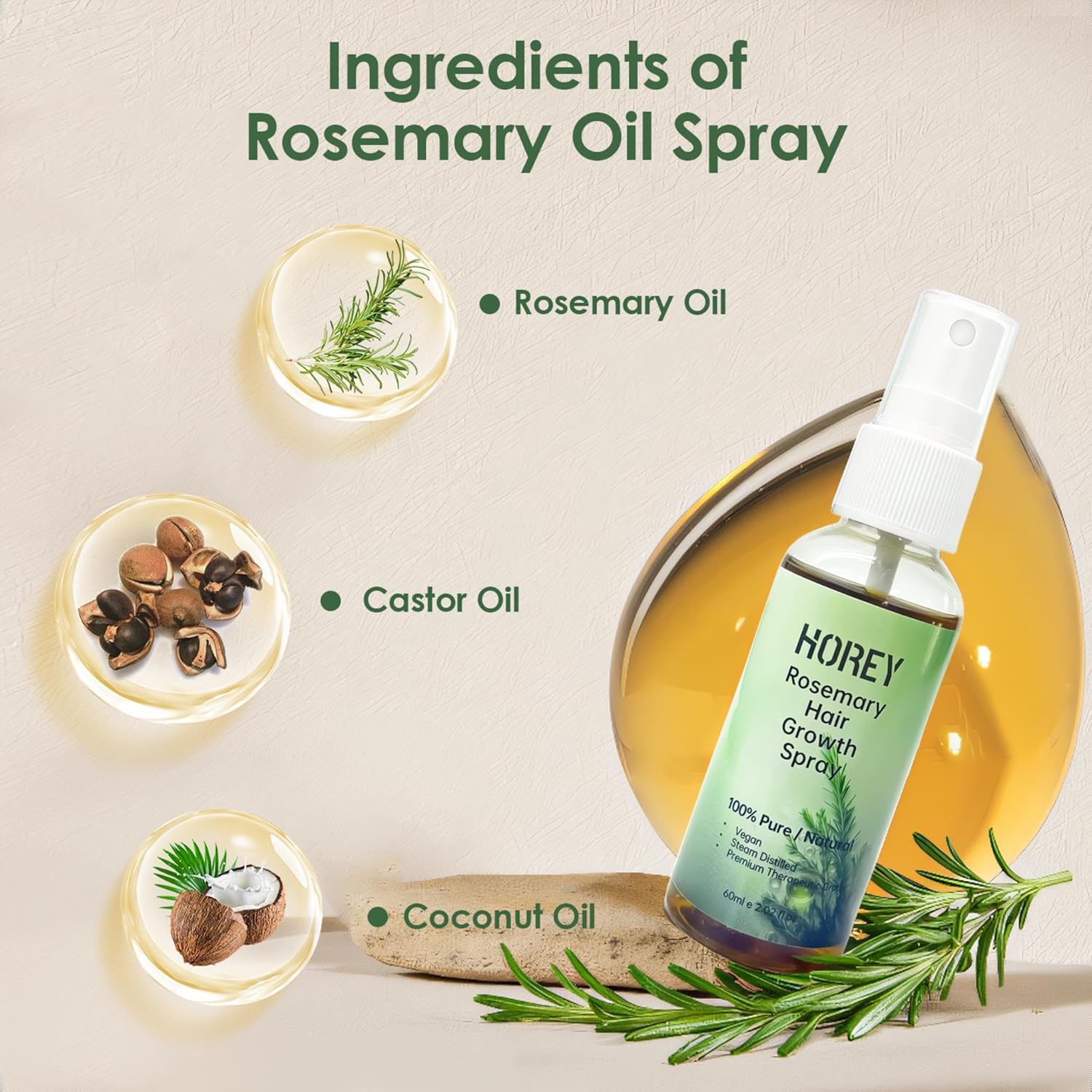 Rosemary Oil for Hair Growth Spray Natural Organic Rosemary and Castor Oil for Scalp & Hair Strengthening Effective for Women Men Hair Loss, 2.02 fl oz - Image 5