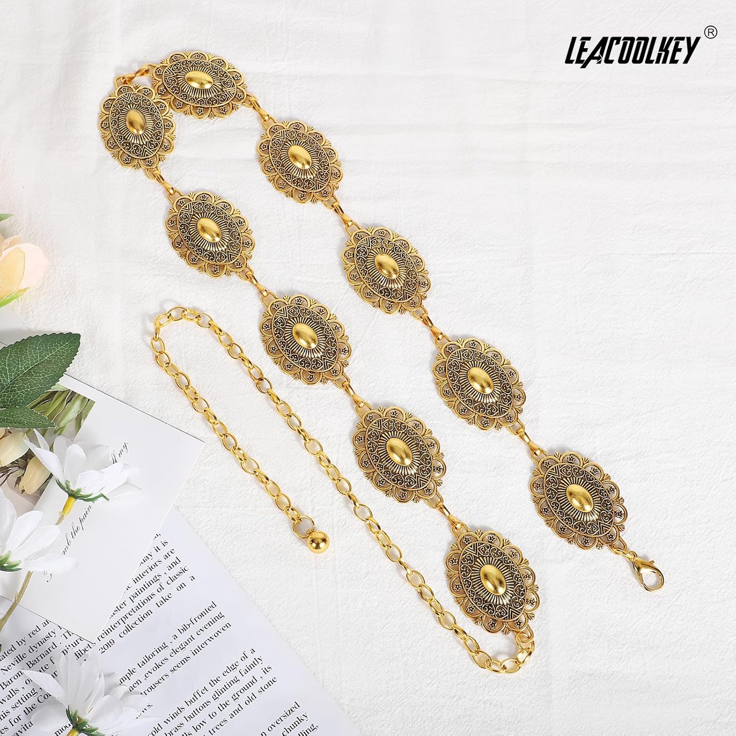LEACOOLKEY Western Metal Concho Belt for Women Cowgirl Boho Waist Chain Belt for Dresses Jeans Pants - Image 6