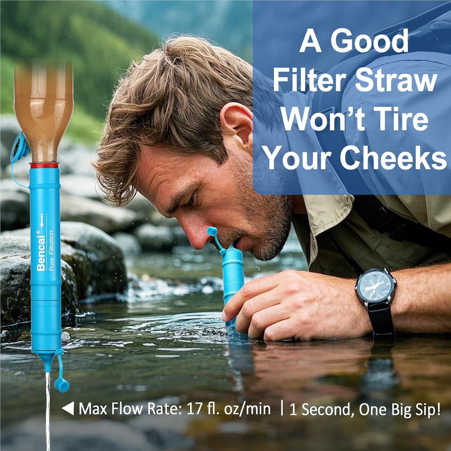 Detachable Water Filter Straw - Backwashable, Portable Water Purifier for Camping, Hiking, Survival & Emergencies, Built-in Compass, 2-Pack - Image 5