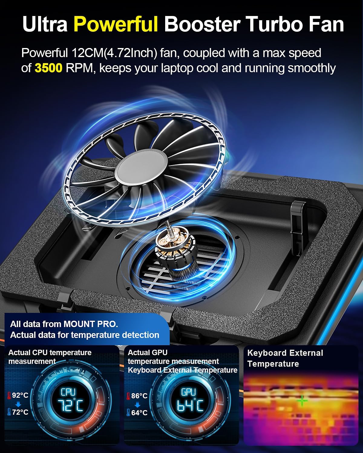 MOUNT PRO Gaming Laptop Cooling Pad, RGB Laptop Cooler Stand with Powerful Turbofan (3500 RPM), Height Adjustable Laptop Fan Cooling Pad for 13-19 Inches Notebook, with Sealed Foam, Touch Control - Image 3