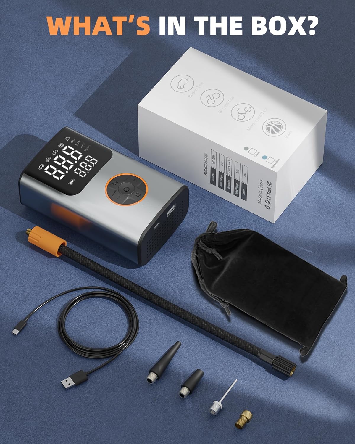 Tire Inflator Portable Air Compressor, Bike Pump, 150PSI Air Pump for Car Tires with LCD Dual Screen and Digital Tire Pressure Gauge, Air Compressor for Bicycle, Motorcycle, Compact Car, Ball - Image 9