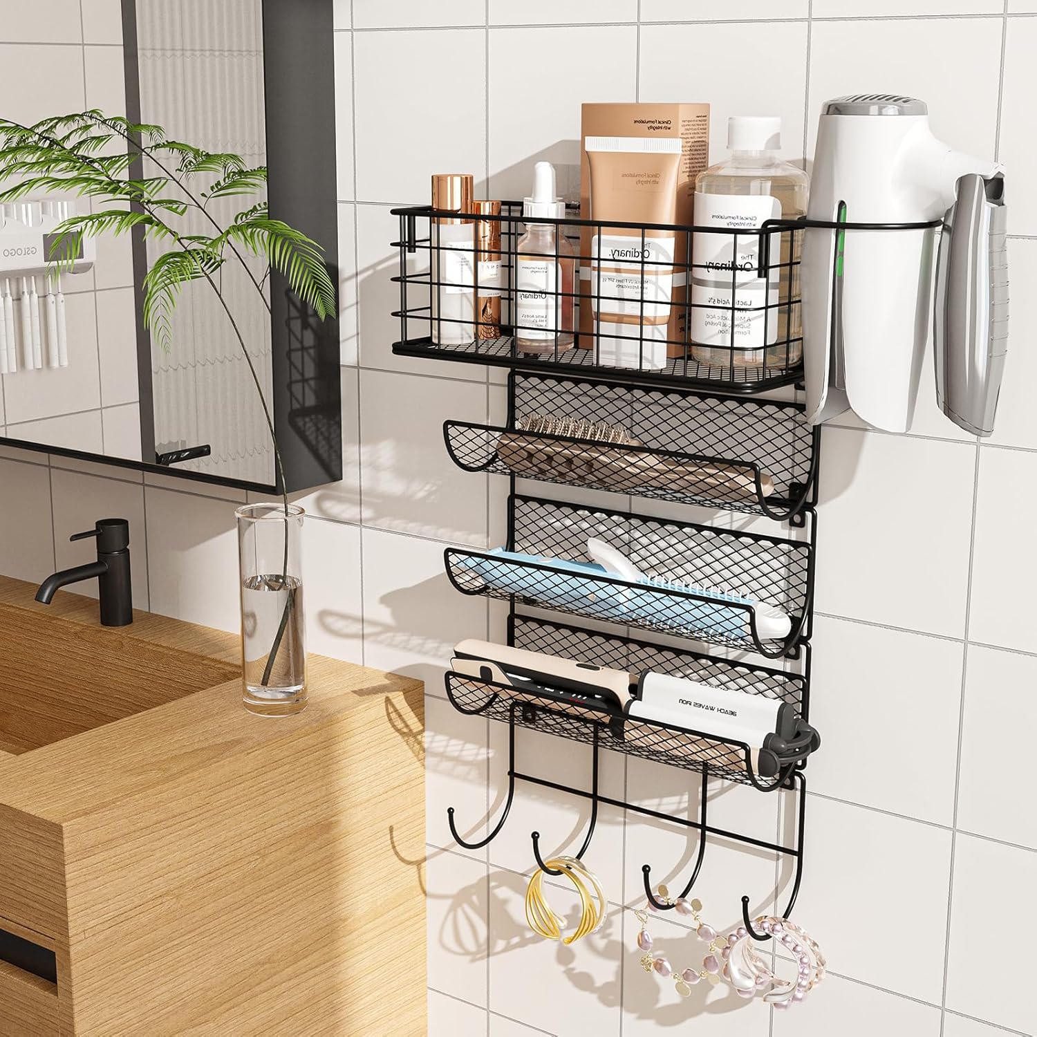 Wall-Mounted Hair Dryer Holder Styling Tool Organizer 4-Shelf Storage Wire Basket with Hook Heat Safe Rack for Hair-Straighteners,Curling Wands,Flat Iron,Perfume,Cabinet Door Bathroom Kitchen - Image 2