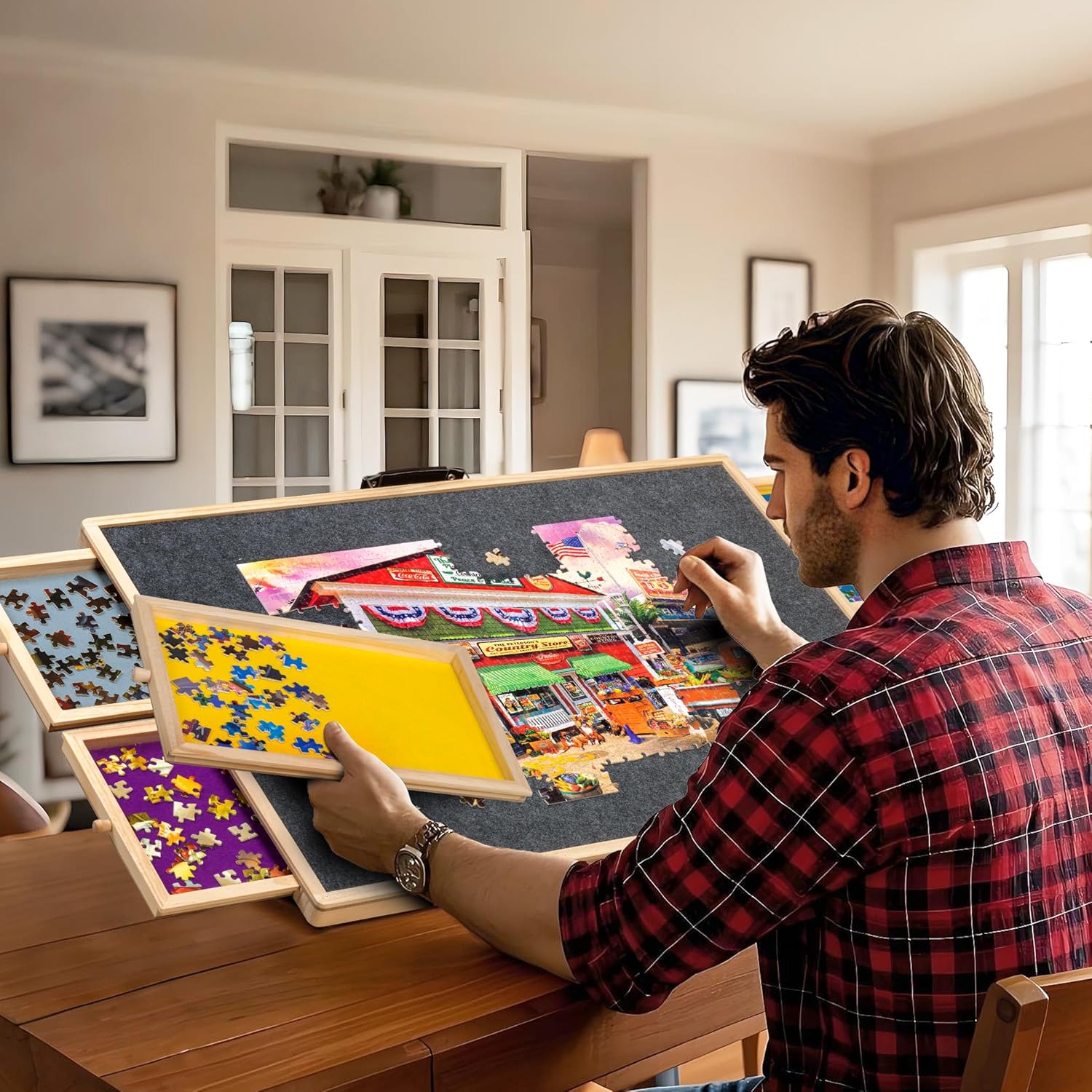 Lavievert 2-in-1 Tilting & Rotating Jigsaw Puzzle Board with 4 Colored Drawers & Cover, Wooden Swivel Puzzle Plateau for Adults, Portable Puzzle Table with Non-Slip Tabletop for Up to 1000 Pieces - Image 8