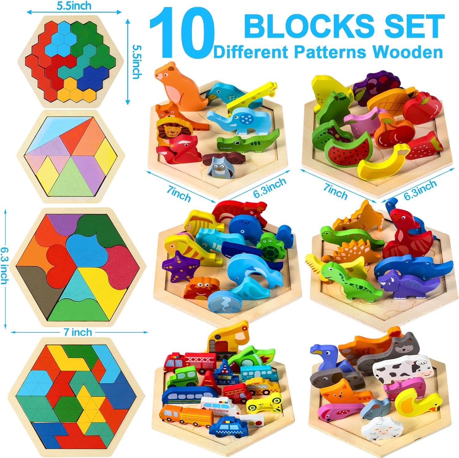 Liliful 10 Pack Wooden Hexagon Tangram Blocks Puzzle for Kids Brain Teaser Jigsaw Shape Pattern Russian Blocks Geometric Logic IQ Stem Montessori Toy for All Ages Kids Challenge Game - Image 3