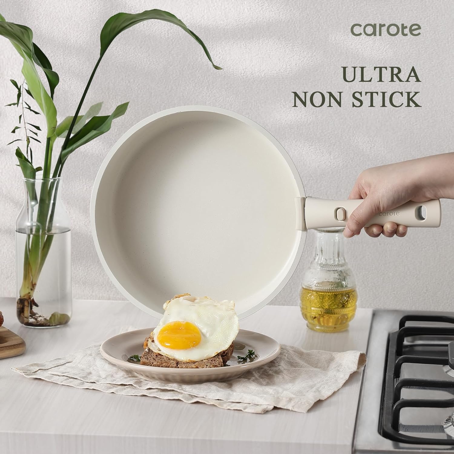 CAROTE 23pcs Pots and Pans Set Non Stick, Cookware Sets, Kitchen Set, Oven/Dishwasher/Fridge Safe, Space Saving Pots Set, Nonstick Set with Versatile Detachable Handle, Induction RV Set, Cream - Image 4