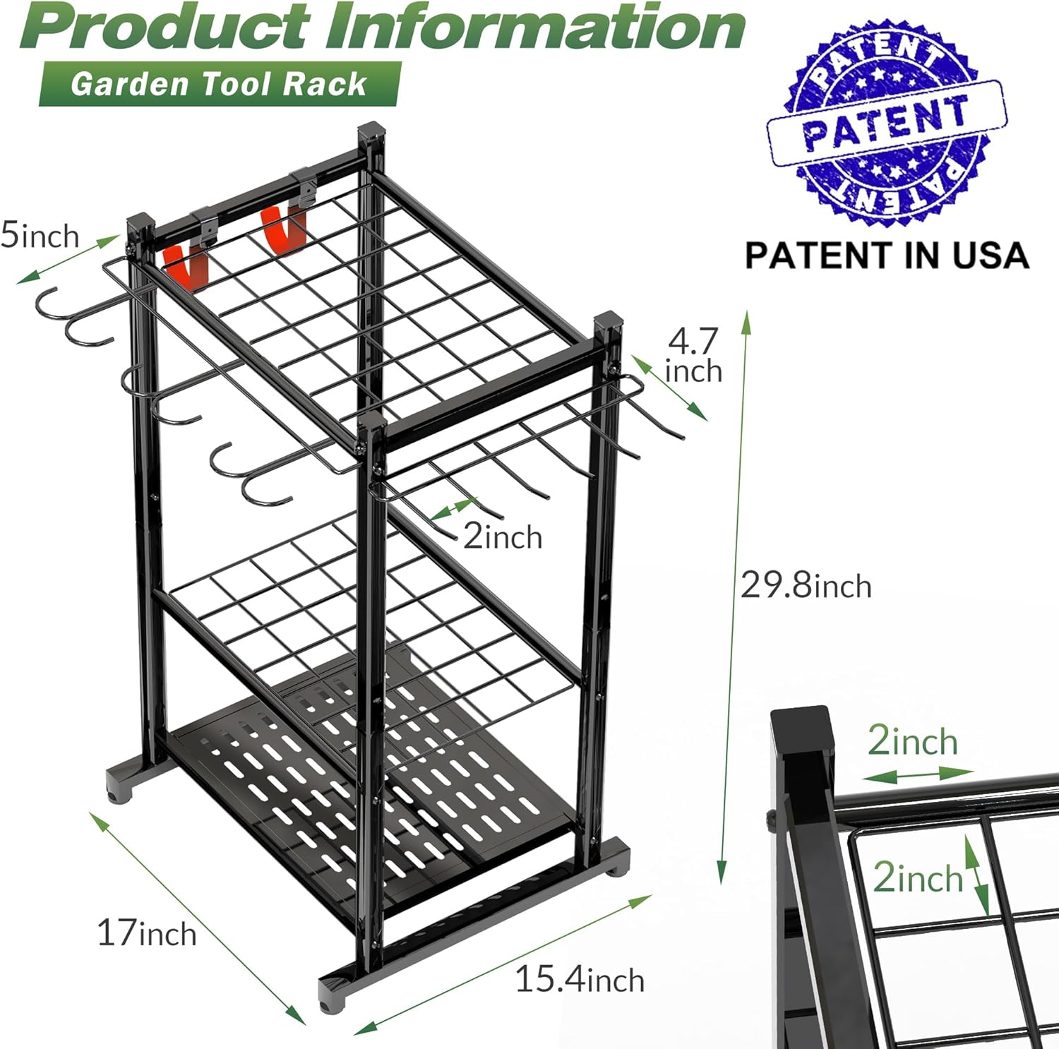 Garden Tool Organizer with Storage Hooks, Yard Tool Tower Rack for Garage Organization and Storage, Up to 50 Tools, Heavy Duty Steel Garden Tool Stand for Garage, Outdoor, Home, Black - Image 3