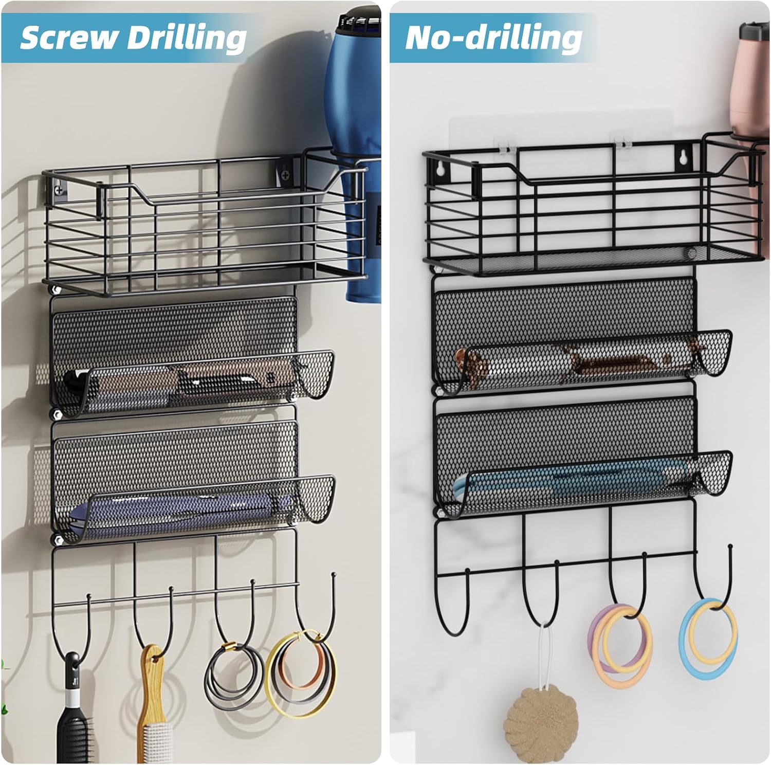 VITVITI Metal Hair Tool Organizer Wall Mount, Hair Dryer Holder with 3 Tier Shelf Basket Hooks, Bathroom Hair Styling Tool Organizer for Curling Iron/Blow Dryer/Straightener, Matte Black - Image 5