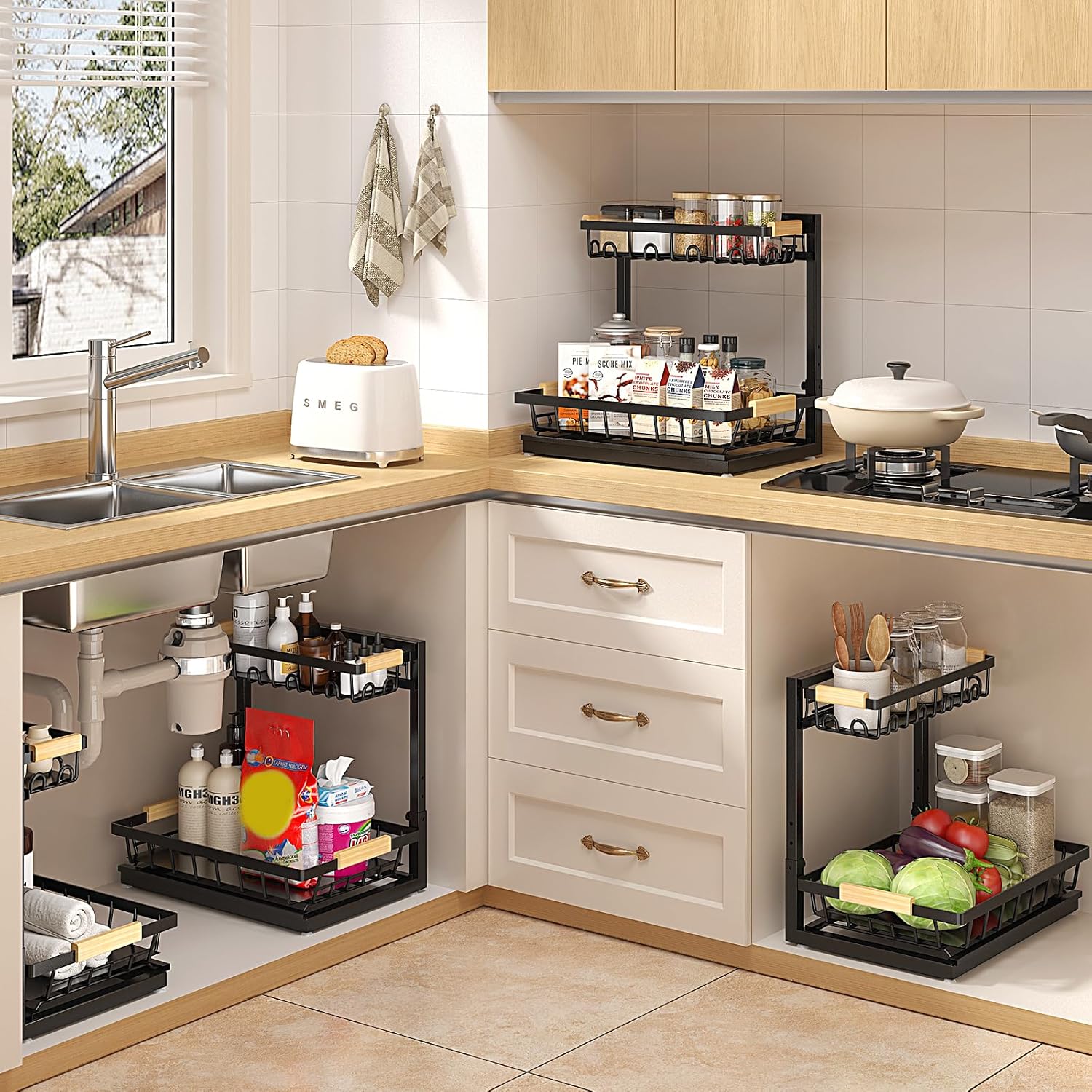 2 Packs Under Sink Organizer, High Adjustable 2 Tier Under Kitchen sink organizer, Multi-Purpose Storage Shelf for Kitchen Bathroom Cabinet, Black - Image 7