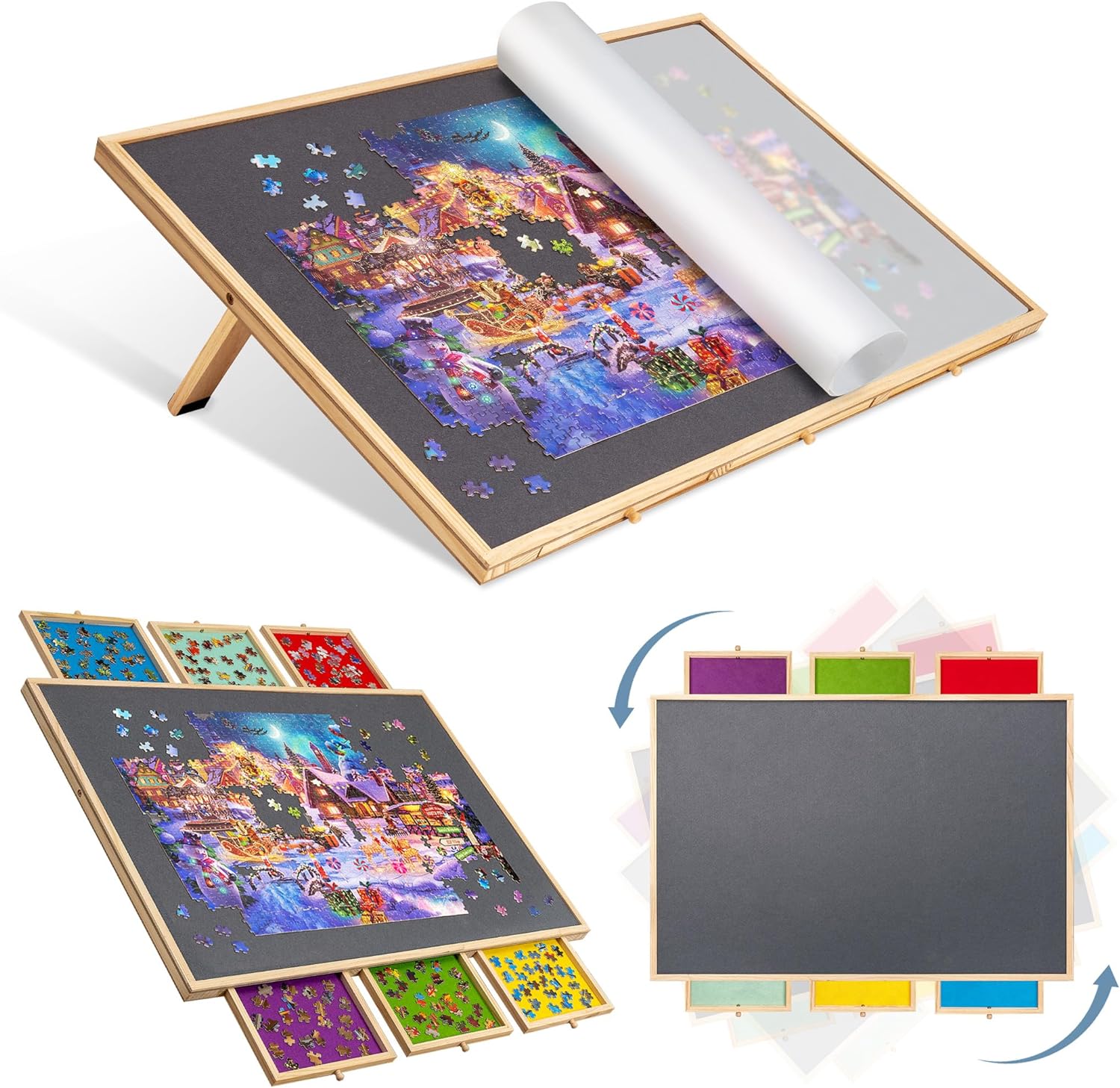 Lavievert 2-in-1 Tilting & Rotating Puzzle Board with 6 Colored Drawers & Cover, Portable Jigsaw Puzzle Table for Adults, Wooden Swivel Puzzle Plateau with Non-Slip Tabletop for Up to 1500 Pieces - Image 2