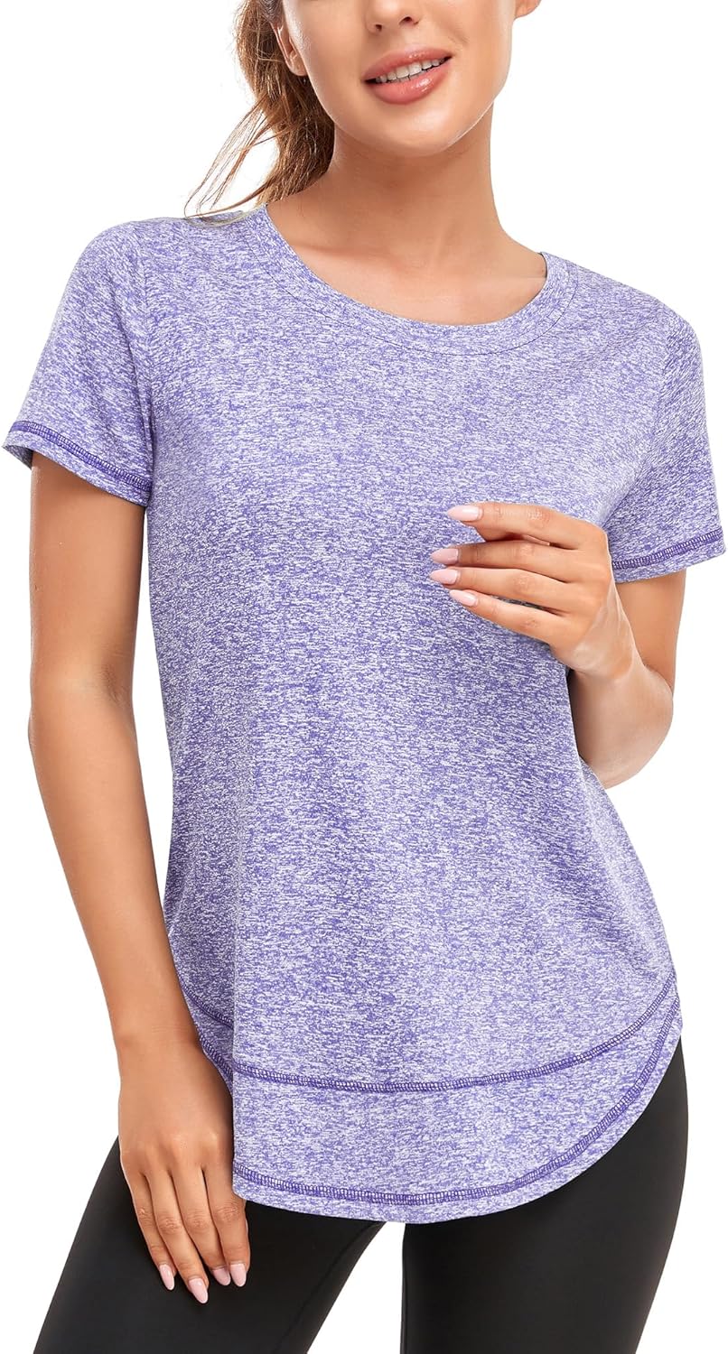 Women's Short Sleeve Workout Shirts Crewneck Sports Yoga Running Dry Fit Tops Side Split Tee - Image 2