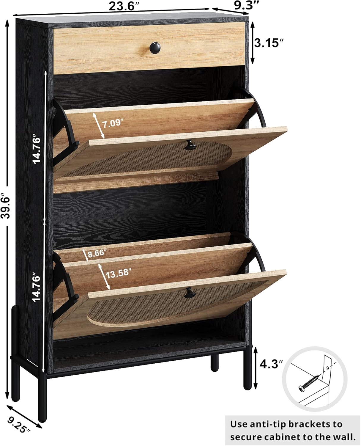 IRONCK Shoe Cabinet with 2 Flip Drawers, Shoe Storage Cabinet for Entryway, Free Standing Shoe Storage Organizer with Rattan Doors Slim Narrow Shoe Rack Cabinet, Black - Image 3