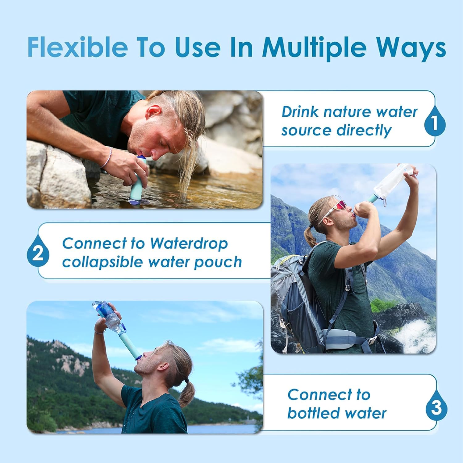 Waterdrop Gravity Water Filter Straw, Camping Water Filtration System, Water Purifier Survival for Travel, Backpacking and Emergency Preparedness, 1.5 gal Bag, 0.1 Micron, Light Blue - Image 9