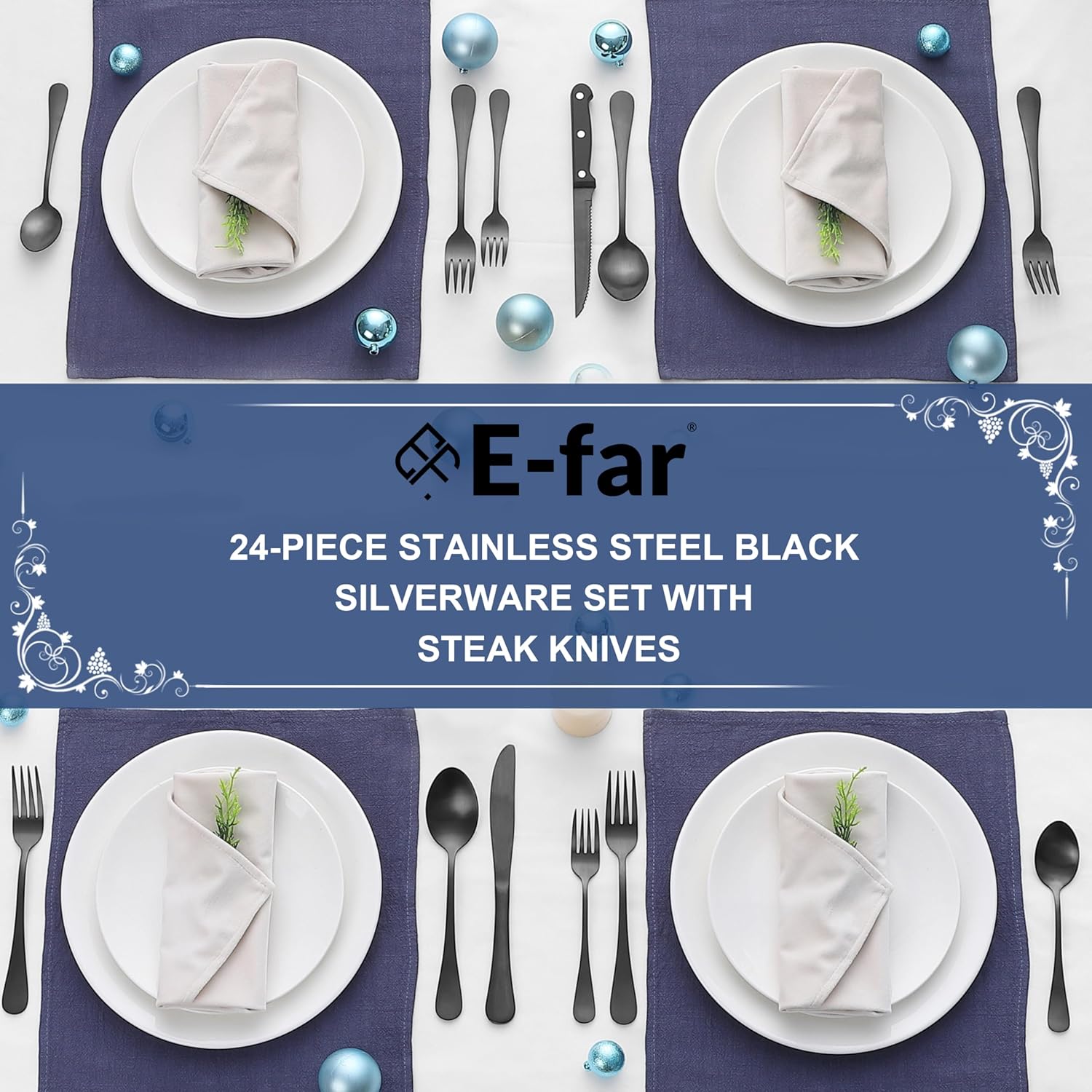 E-far 24-Piece Black Silverware Set with Steak Knives, Stainless Steel Flatware Cutlery Set for 4, Matte Black Metal Eating Utensils Sets Include Forks and Spoons Knife, Modern Design & Rust Proof - Image 8