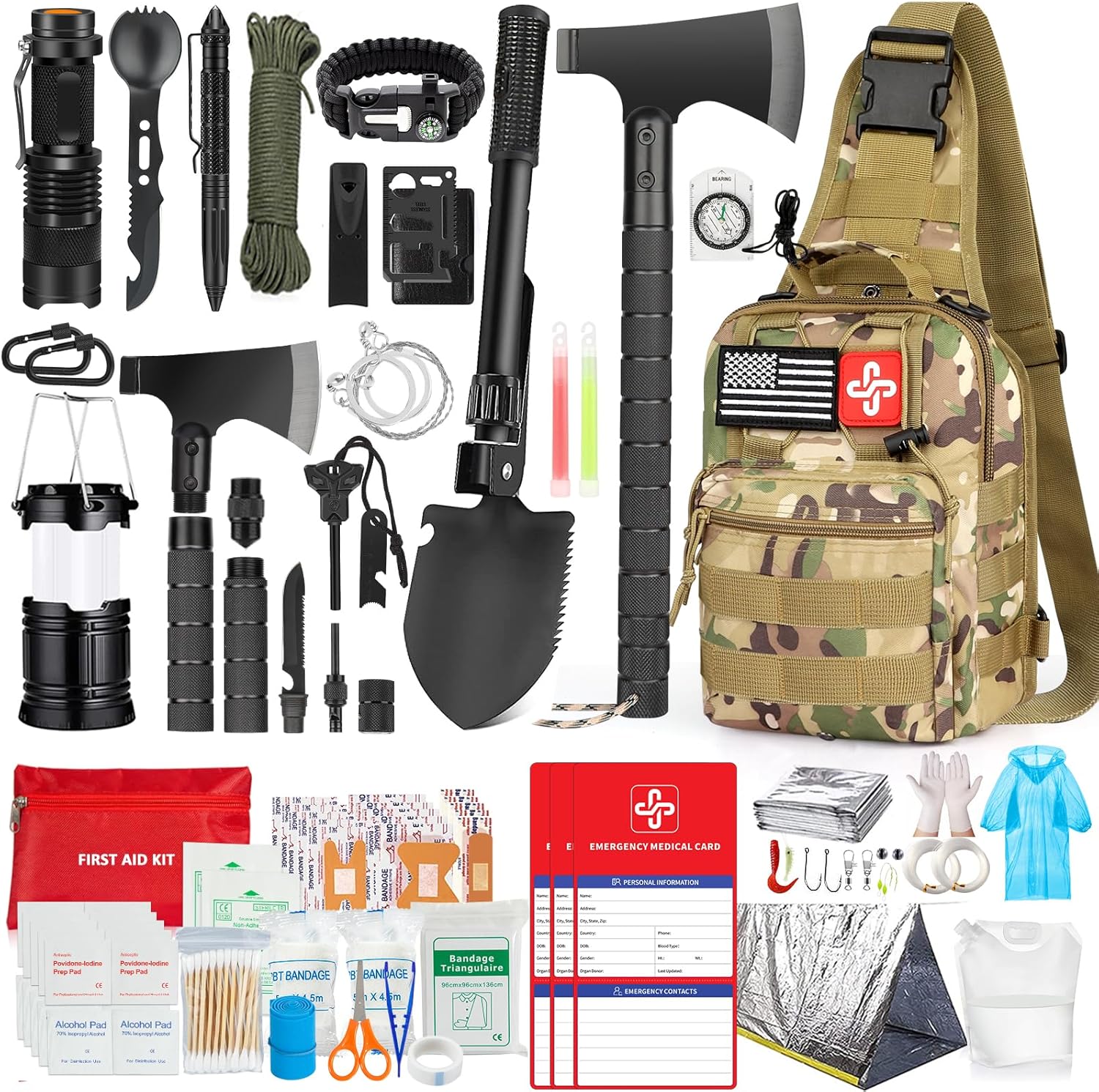 Survival Kit, 262Pcs Survival Gear and Supplies with First Aid Kit Pouch and Crossbody Bag, Emergency Kit with Tent, Camping Axe Hammer, Survival Shovel w/Pick, Bug Out Bag Gifts for Men Women - Image 2