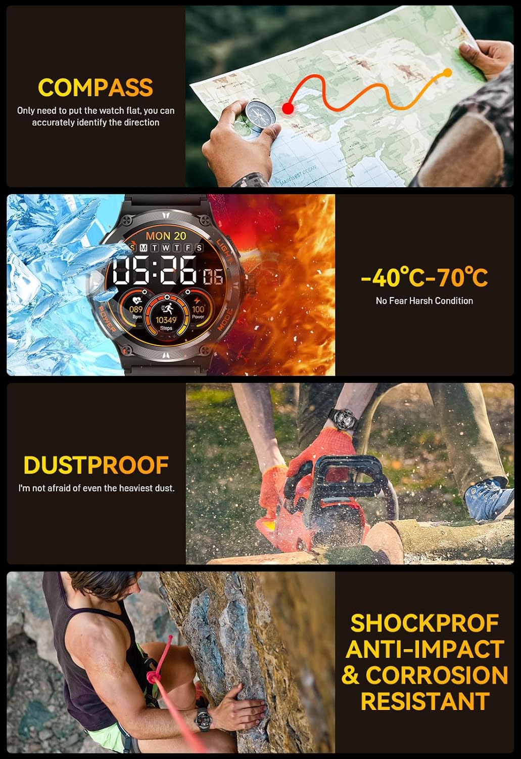 Military Smart Watch for Men with LED Flashlight 500mAh Big Battery Tactical Smartwatch 1.53” Big Screen Rugged Smart Watch 3ATM Waterproof Fitness Tracker with Heart Rate Monitor for iPhone Android - Image 5