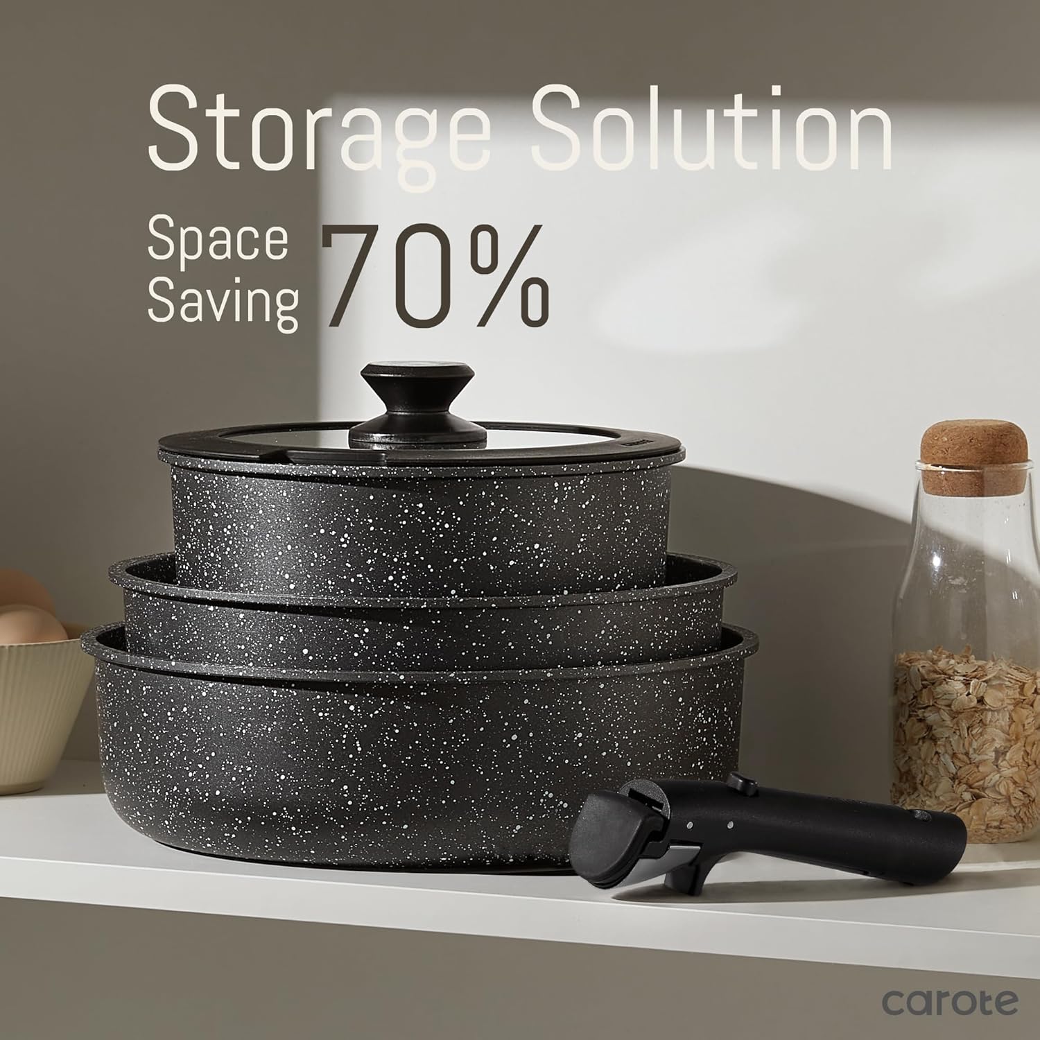 CAROTE 21pcs Pots and Pan Set Non Stick, Nonstick Induction Cookware, Detachable Handle Cookware Set, Dishwasher Safe, Removable Handle, RV Oven Safe Cookware, Midnight Black - Image 7