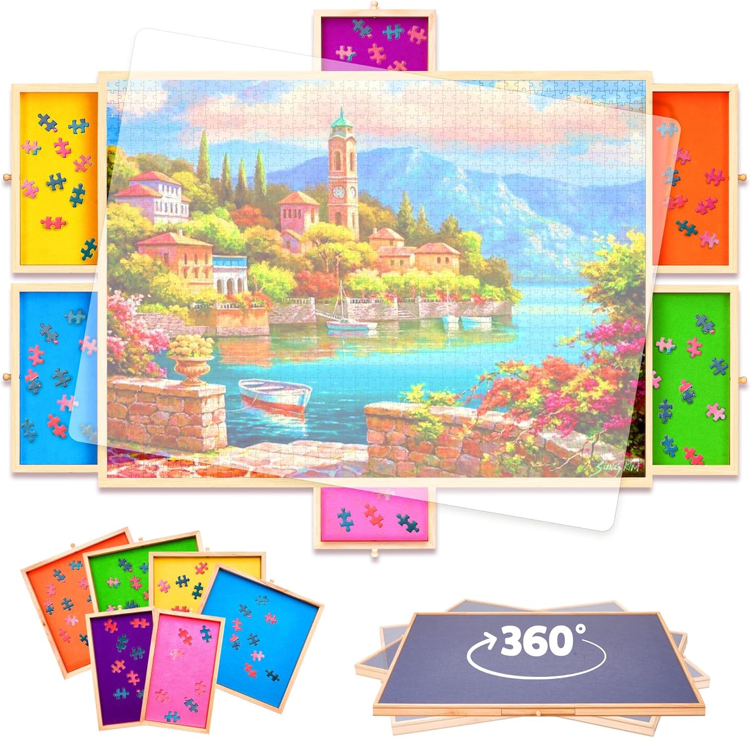 1500 Pieces Rotating Puzzle Board with Drawers and Cover, Wooden Jigsaw Puzzle Table for Adults and Kids, Colorful Puzzle Trays for Sorting and Storage, Lazy Susan Spinning Puzzle Boards Gift for Mom - Image 2