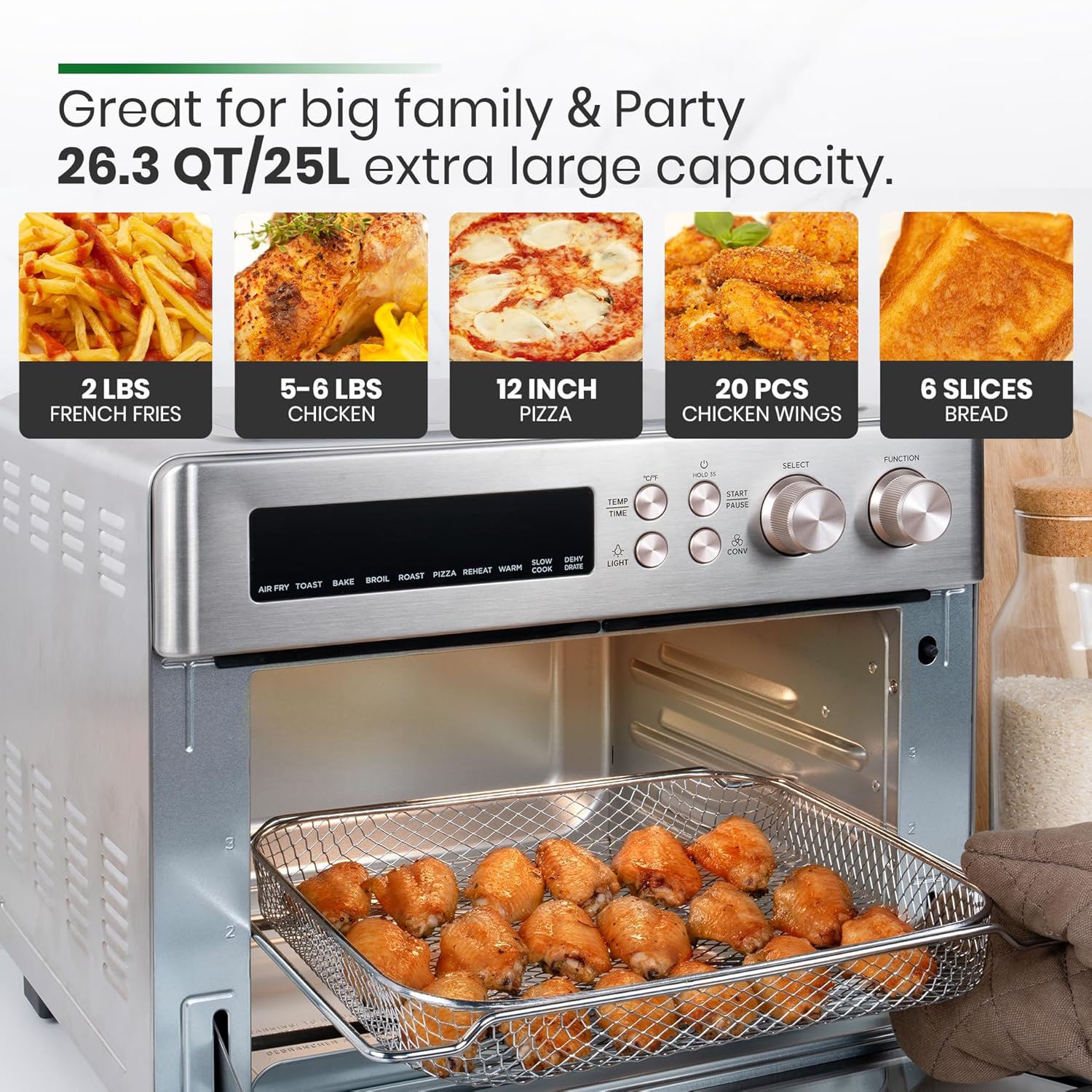 Infrared Heating Air Fryer Toaster Oven, Extra Large Countertop Convection Oven 10-in-1 Combo, 6-Slice Toast, Enamel Baking Pan Easy Clean with Recipe Book, Brushed Stainless Steel Finish - Image 7