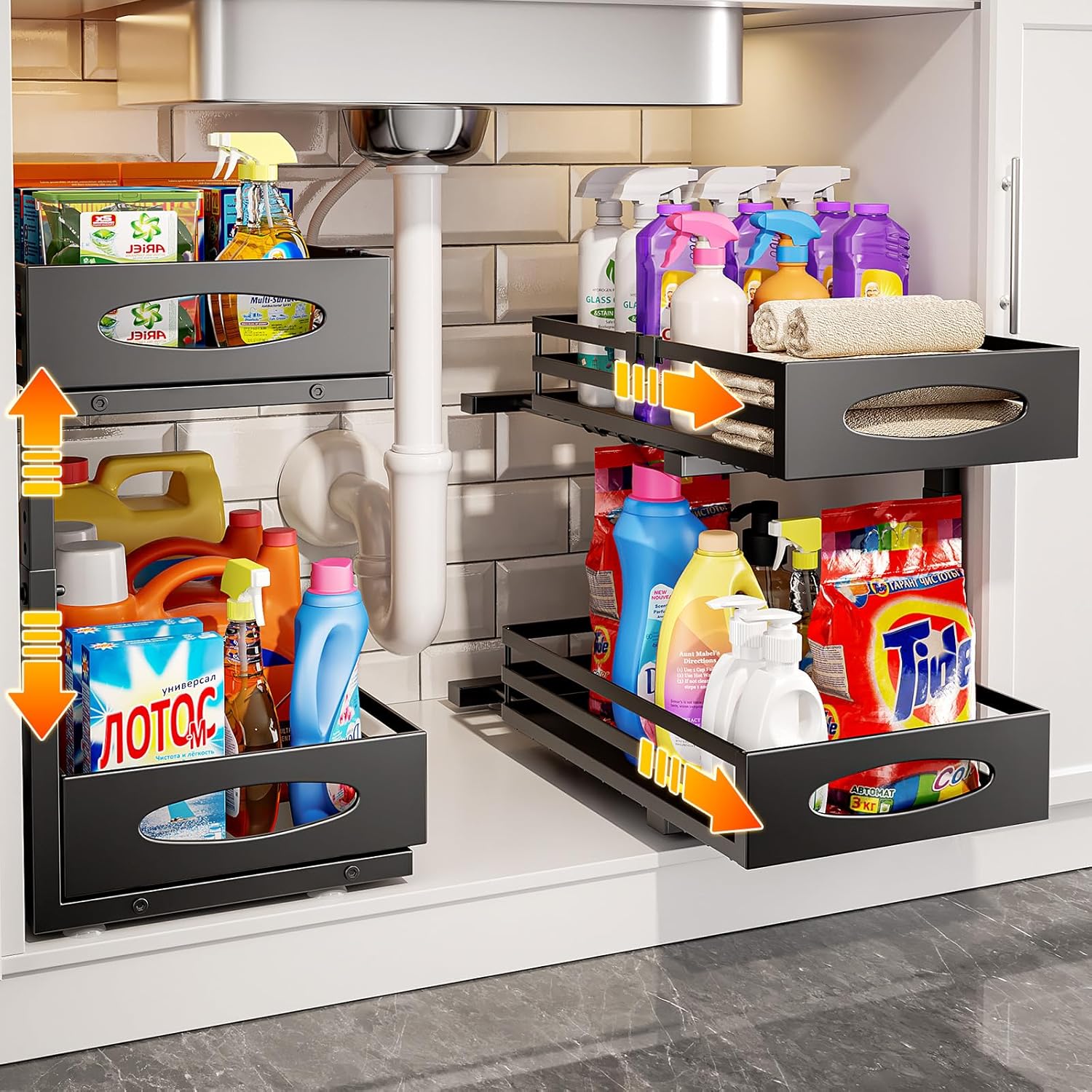 Under Sink Organizer, Pull Out Cabinet Organizers, Slide Sink Steel Shelf Cabinet Storage Shelves, Under Sink Storage for Kitchen Bathroom Cabinet (Black, 2 Pack) - Image 2