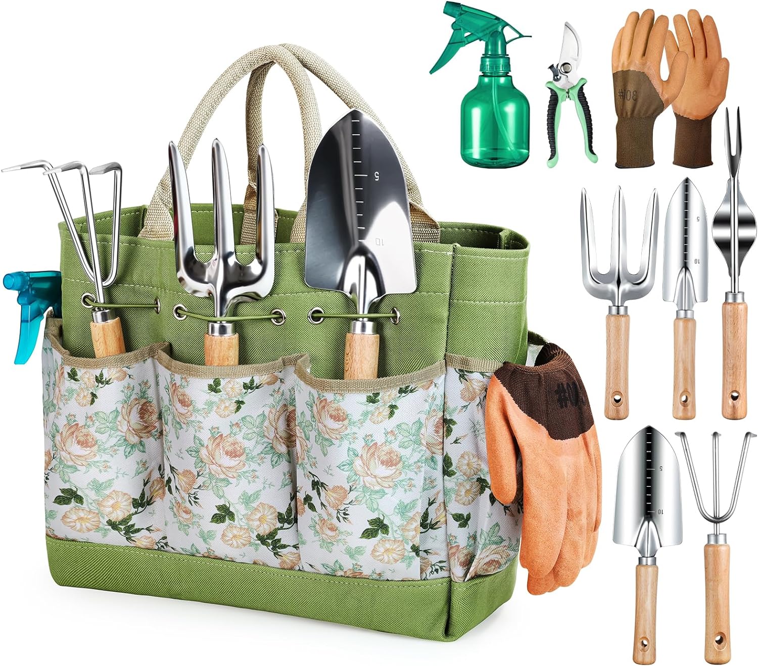 Gardening Tools 9-Piece Heavy Duty Gardening Hand Tools with Fashion and Durable Garden Tools Organizer Handbag,Rust-Proof Garden Tool Set, Ideal Gardening Gifts for Women - Image 2