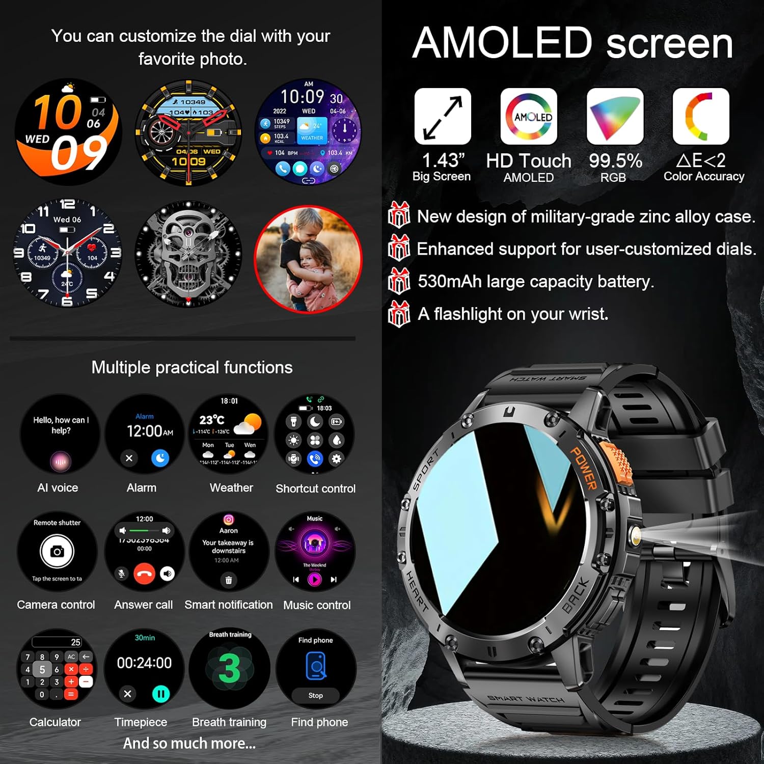 Military Smart Watches for Men with Flashlight, 170+ Sport Modes 1.43" AMOLED Screen, 530mAh Answer/Make Calls, Bluetooth for Android Phones and iPhone Compatible Heart Rate/SpO2/Sleep (Black) - Image 3