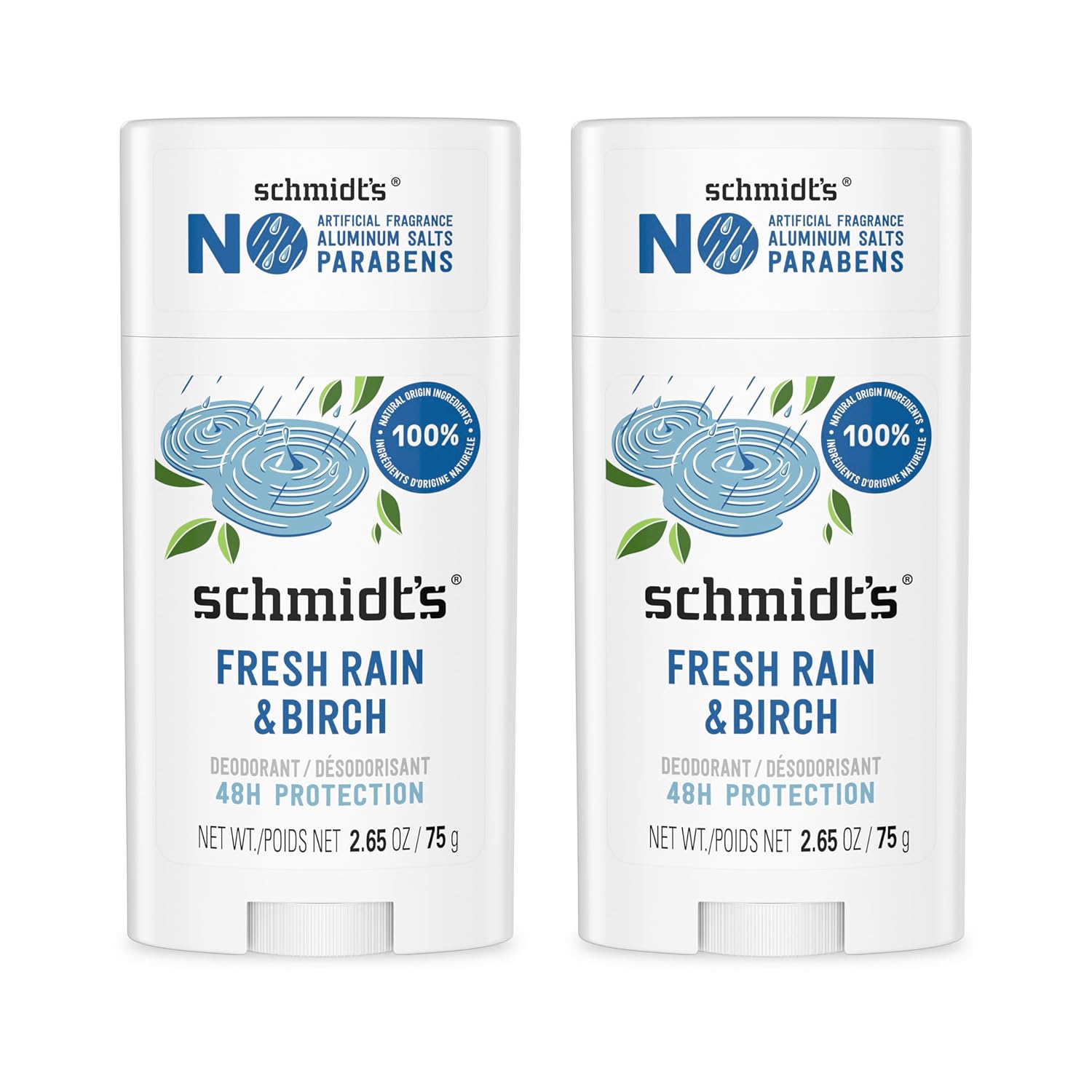 Schmidt's Aluminum-Free Vegan Deodorant Fresh Rain & Birch with 24 Hour Odor Protection, 2 Count for Women and Men, Natural Ingredients, Cruelty-Free, 2.65 oz - Image 2