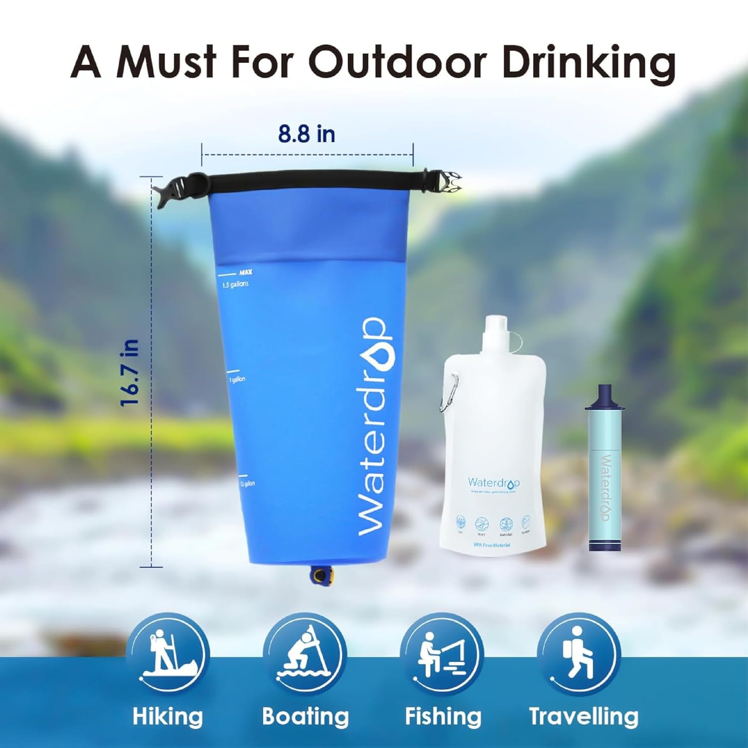 Waterdrop Gravity Water Filter Straw, Camping Water Filtration System, Water Purifier Survival for Travel, Backpacking and Emergency Preparedness, 1.5 gal Bag, 0.1 Micron, Light Blue - Image 10